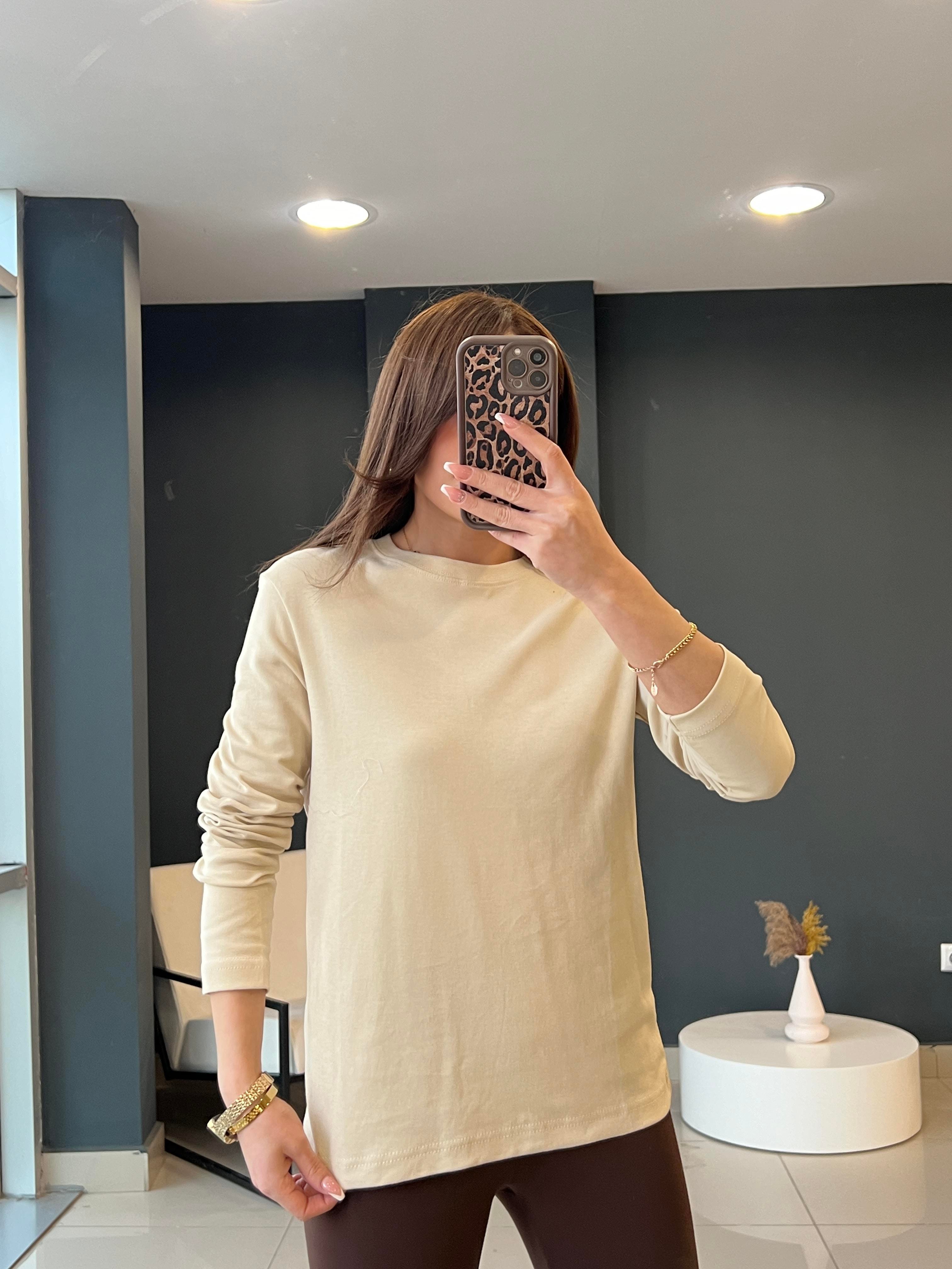 UZUN KOLLU PAMUK BASİC BLUZ BEJ