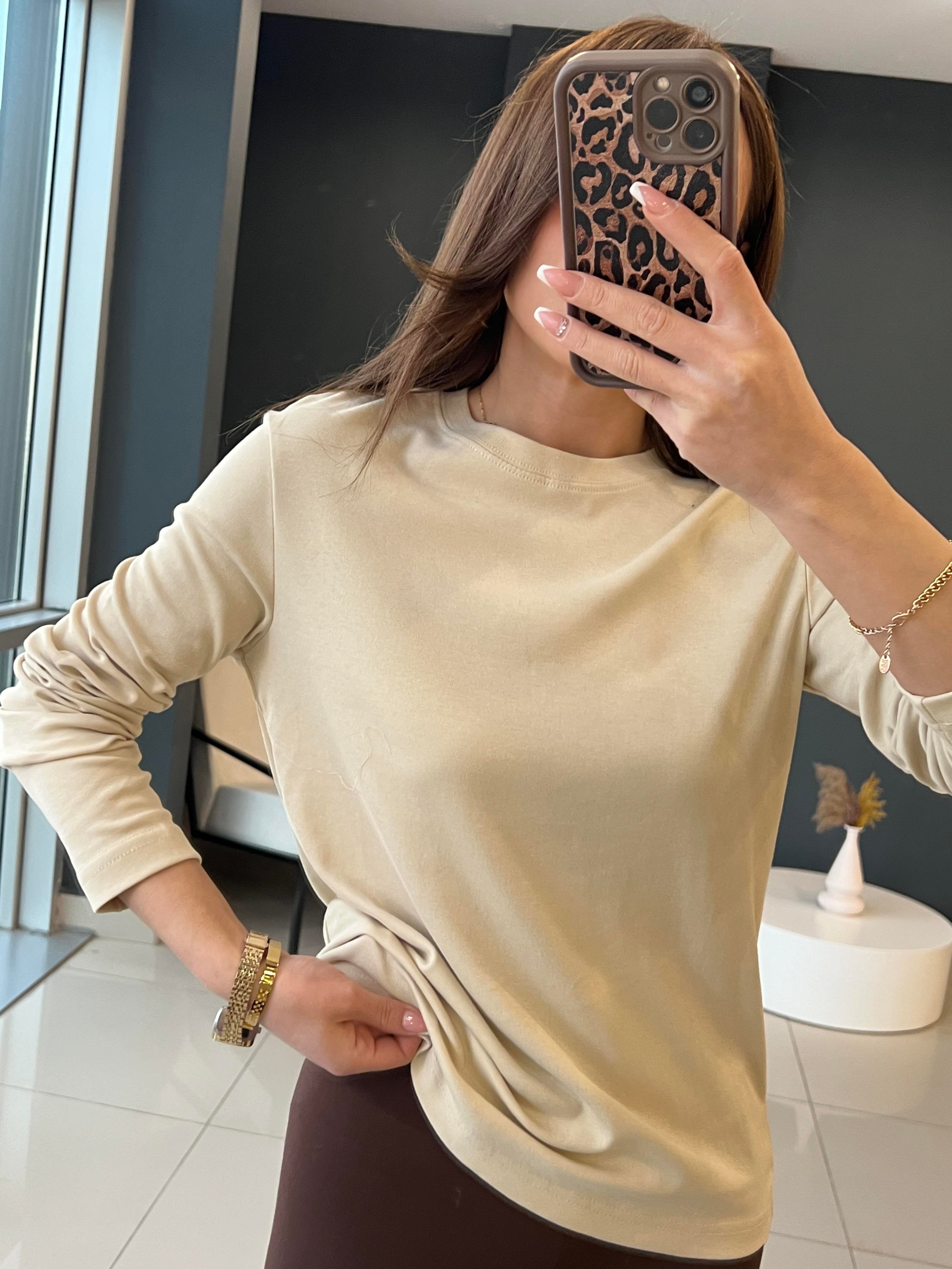 UZUN KOLLU PAMUK BASİC BLUZ BEJ