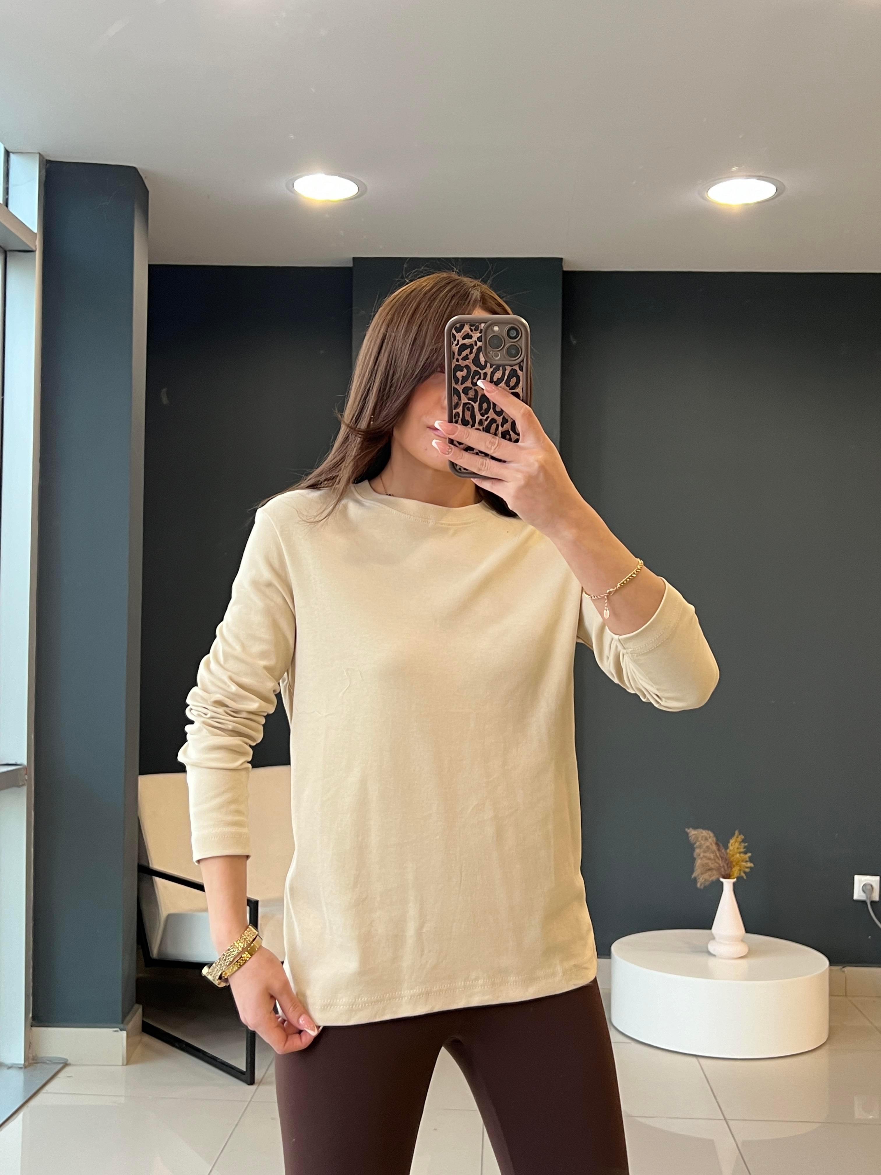 UZUN KOLLU PAMUK BASİC BLUZ BEJ