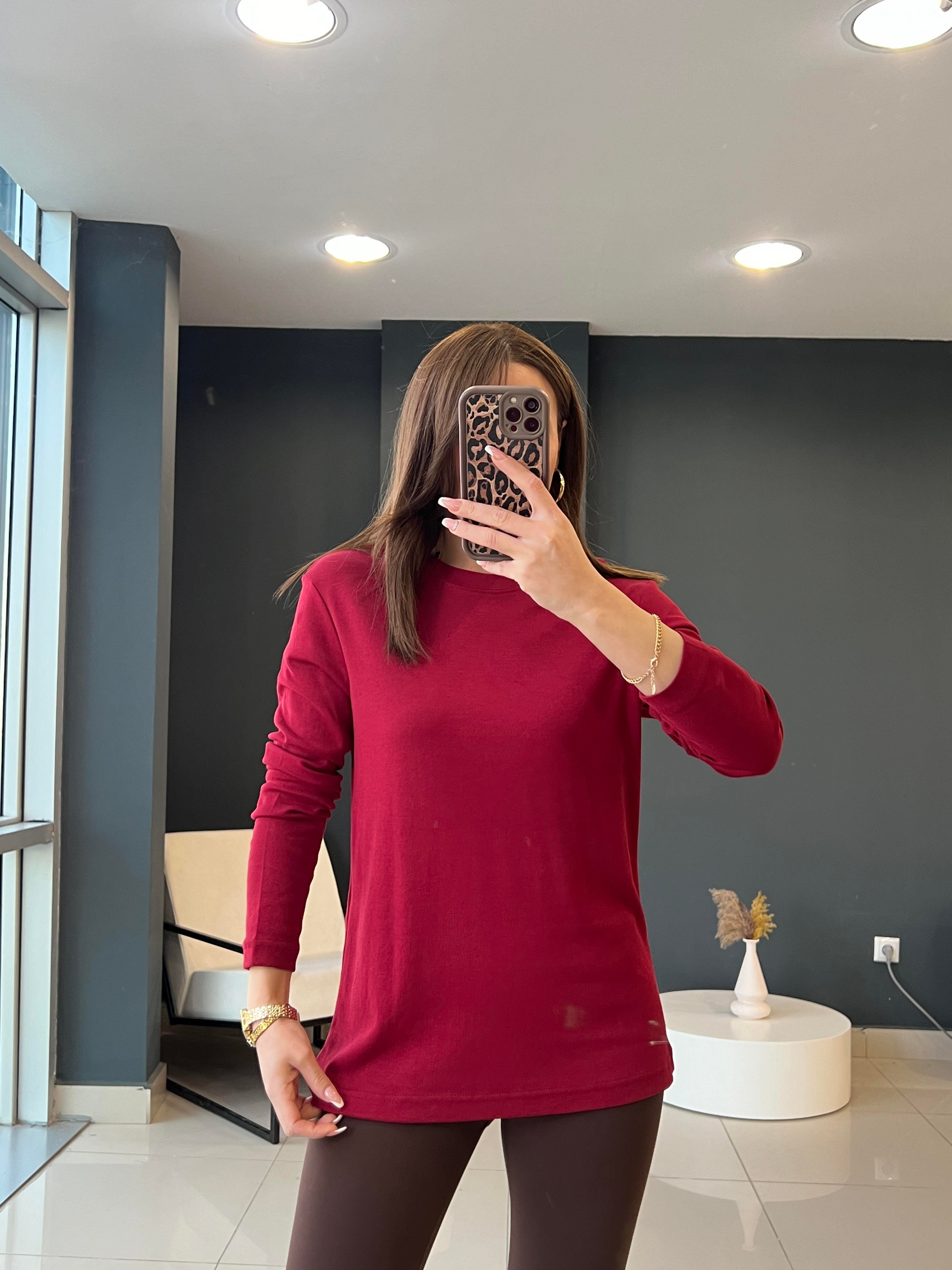 UZUN KOLLU PAMUK BASİC BLUZ BORDO