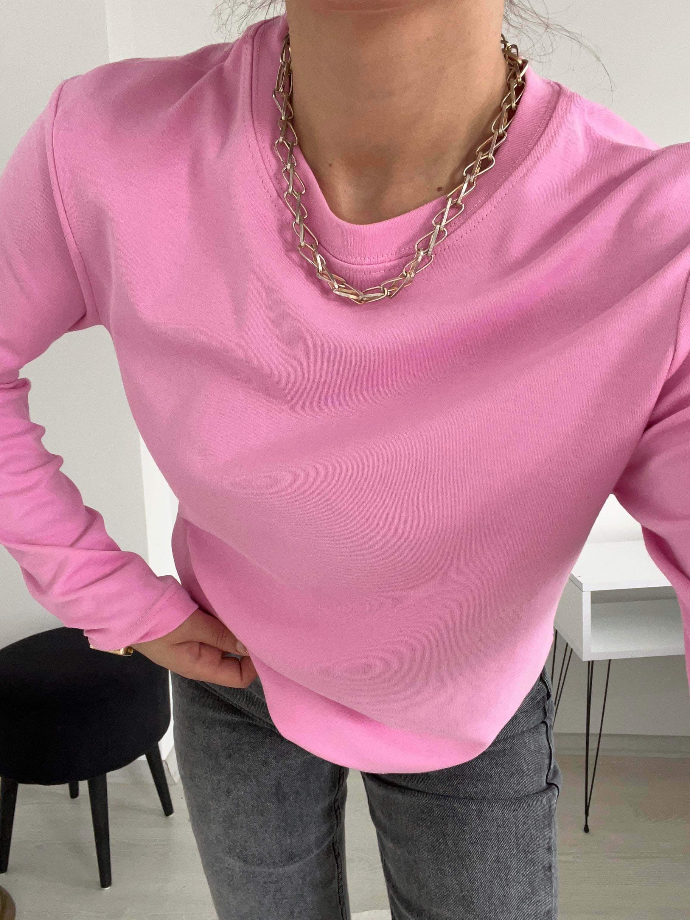 UZUN KOLLU PAMUK BASİC BLUZ PEMBE