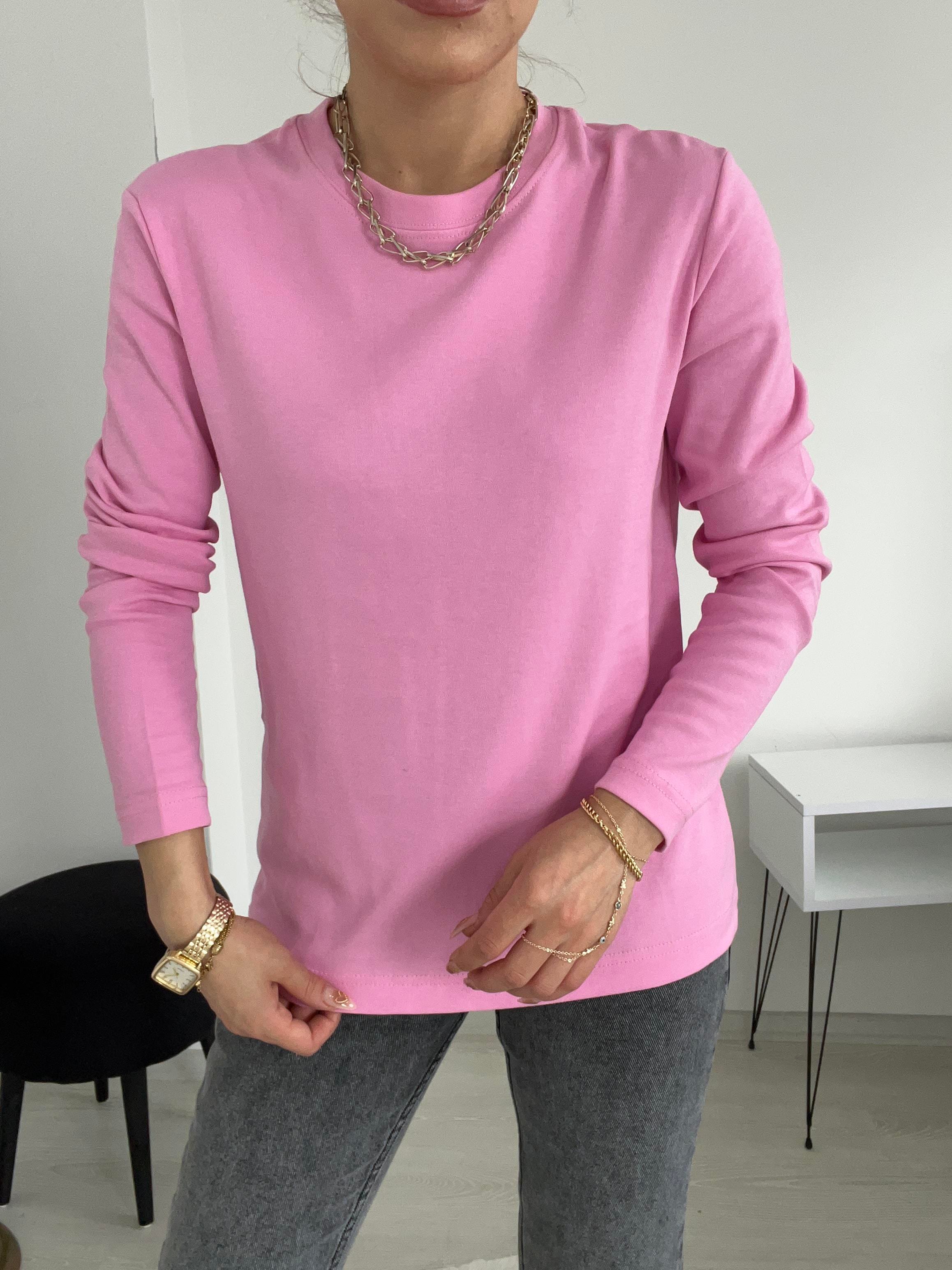 UZUN KOLLU PAMUK BASİC BLUZ PEMBE