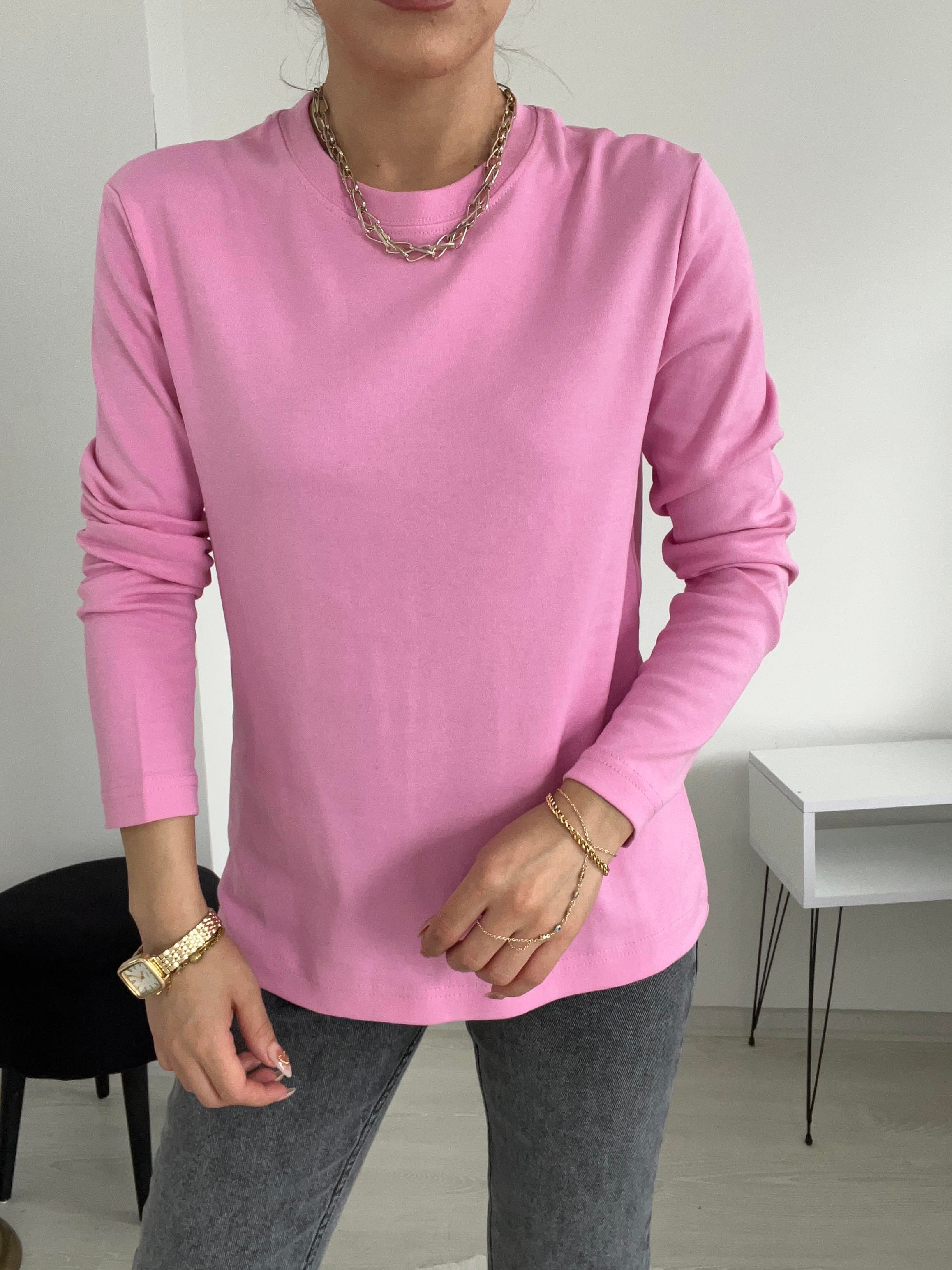 UZUN KOLLU PAMUK BASİC BLUZ PEMBE