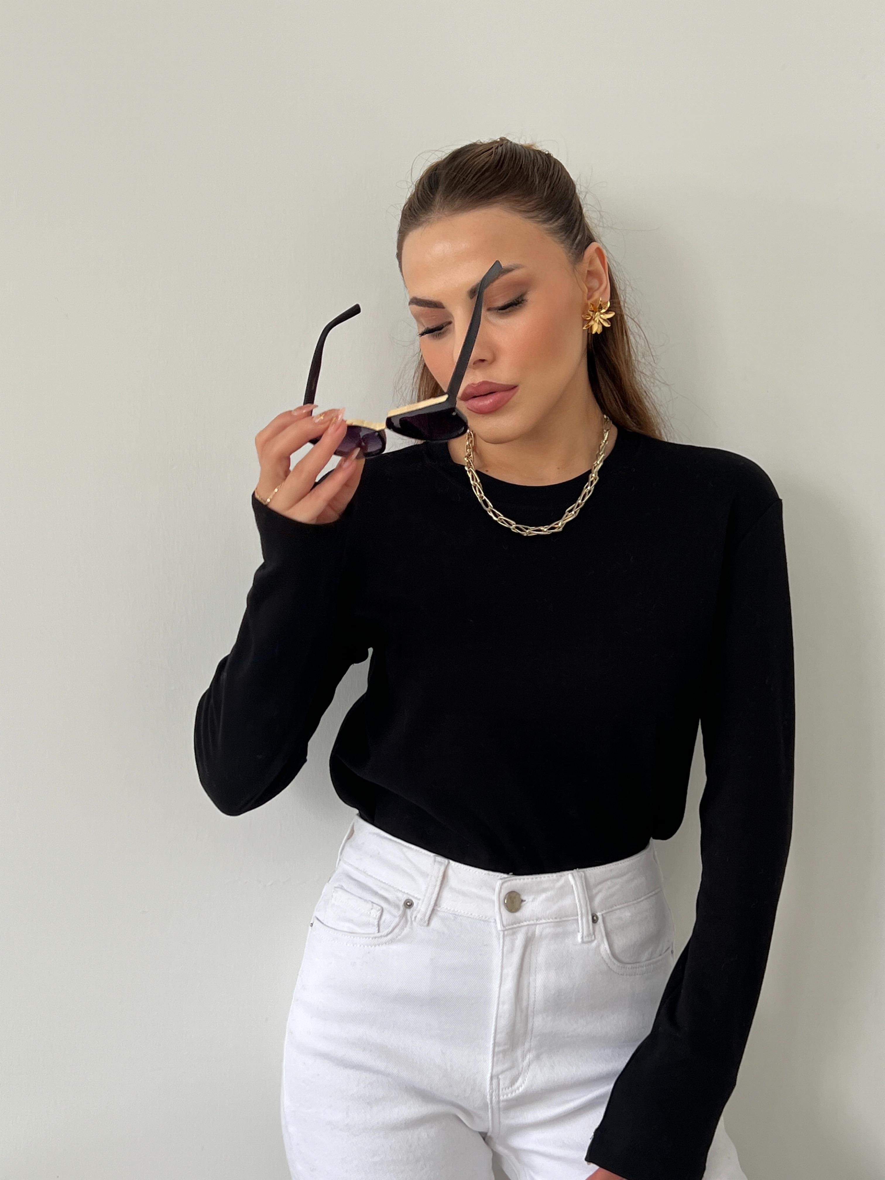 UZUN KOLLU PAMUK BASİC BLUZ SİYAH