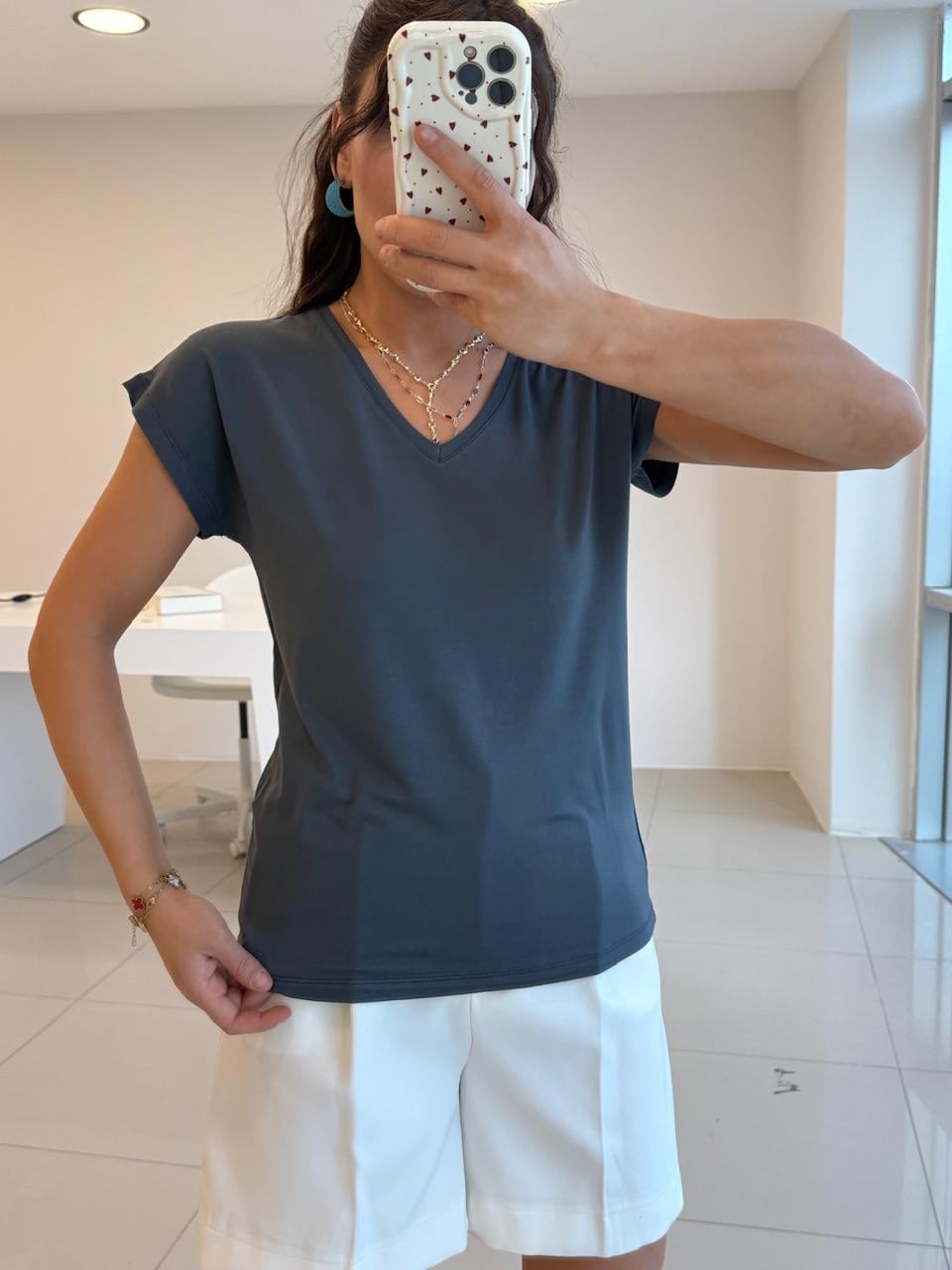 V YAKA %100 PAMUK BASİC TSHIRT GRİ