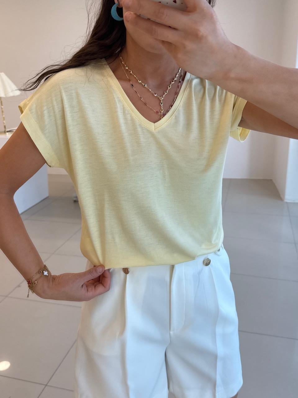 V YAKA %100 PAMUK BASİC TSHIRT SARI