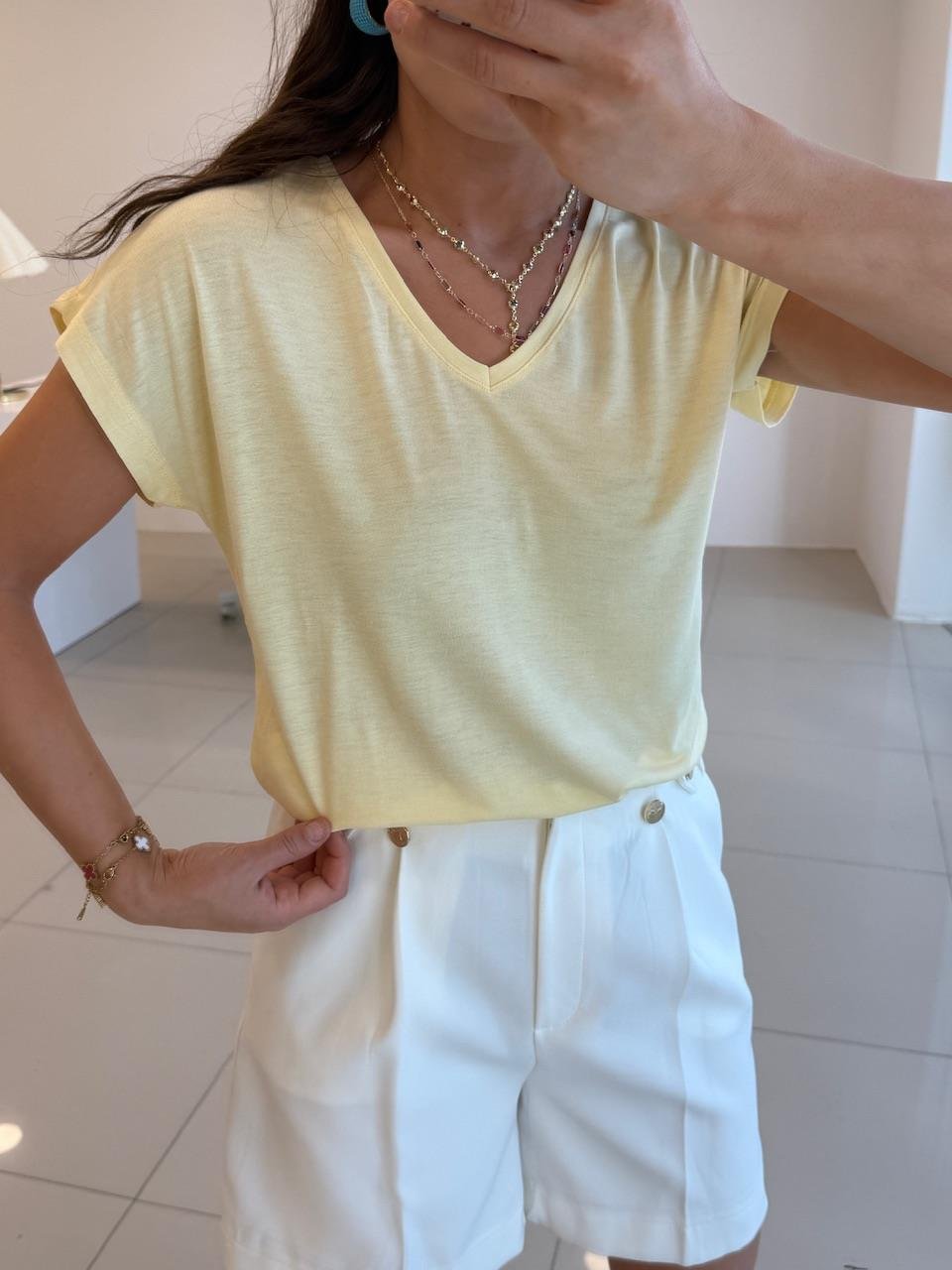 V YAKA %100 PAMUK BASİC TSHIRT SARI