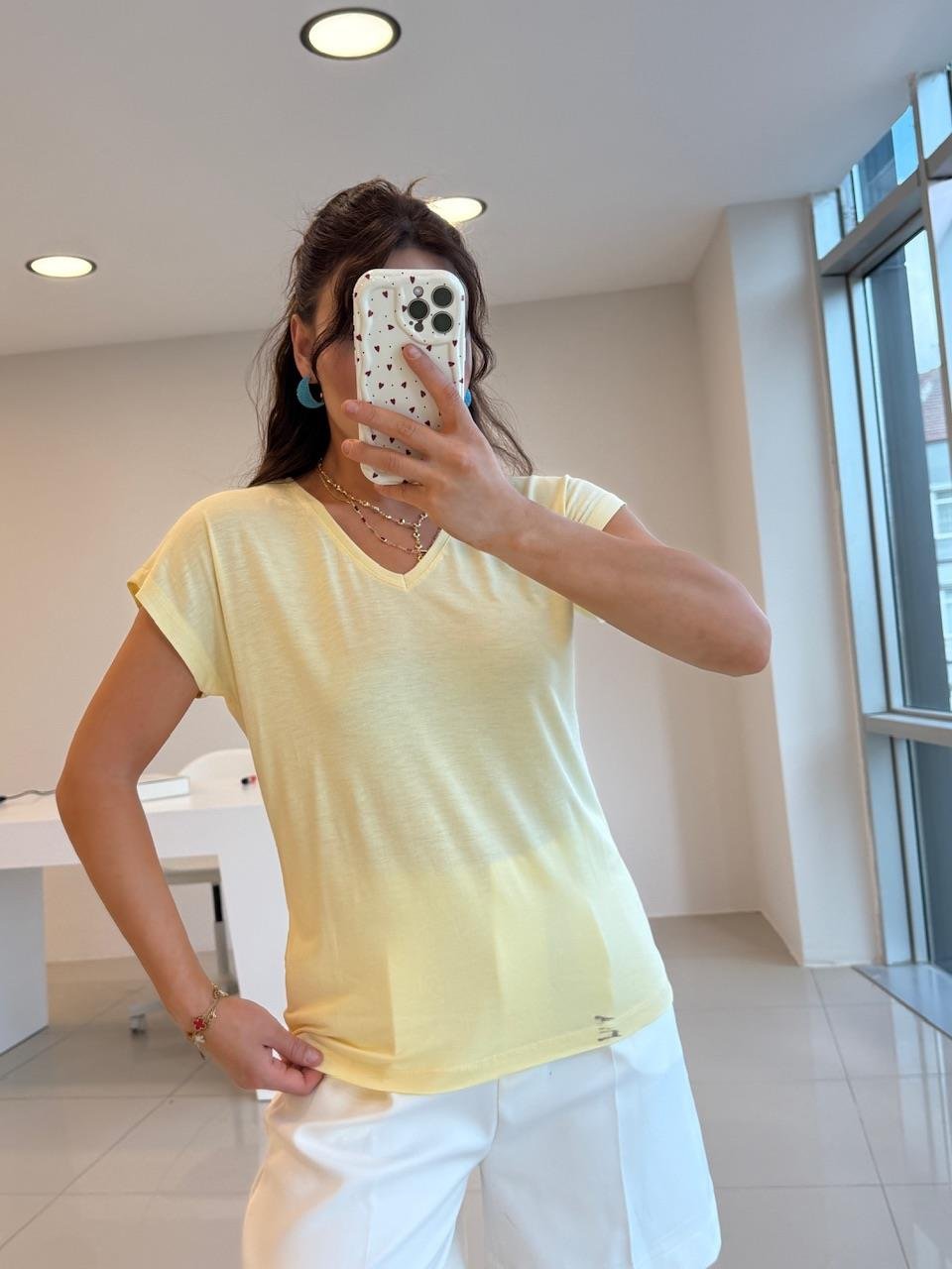 V YAKA %100 PAMUK BASİC TSHIRT SARI