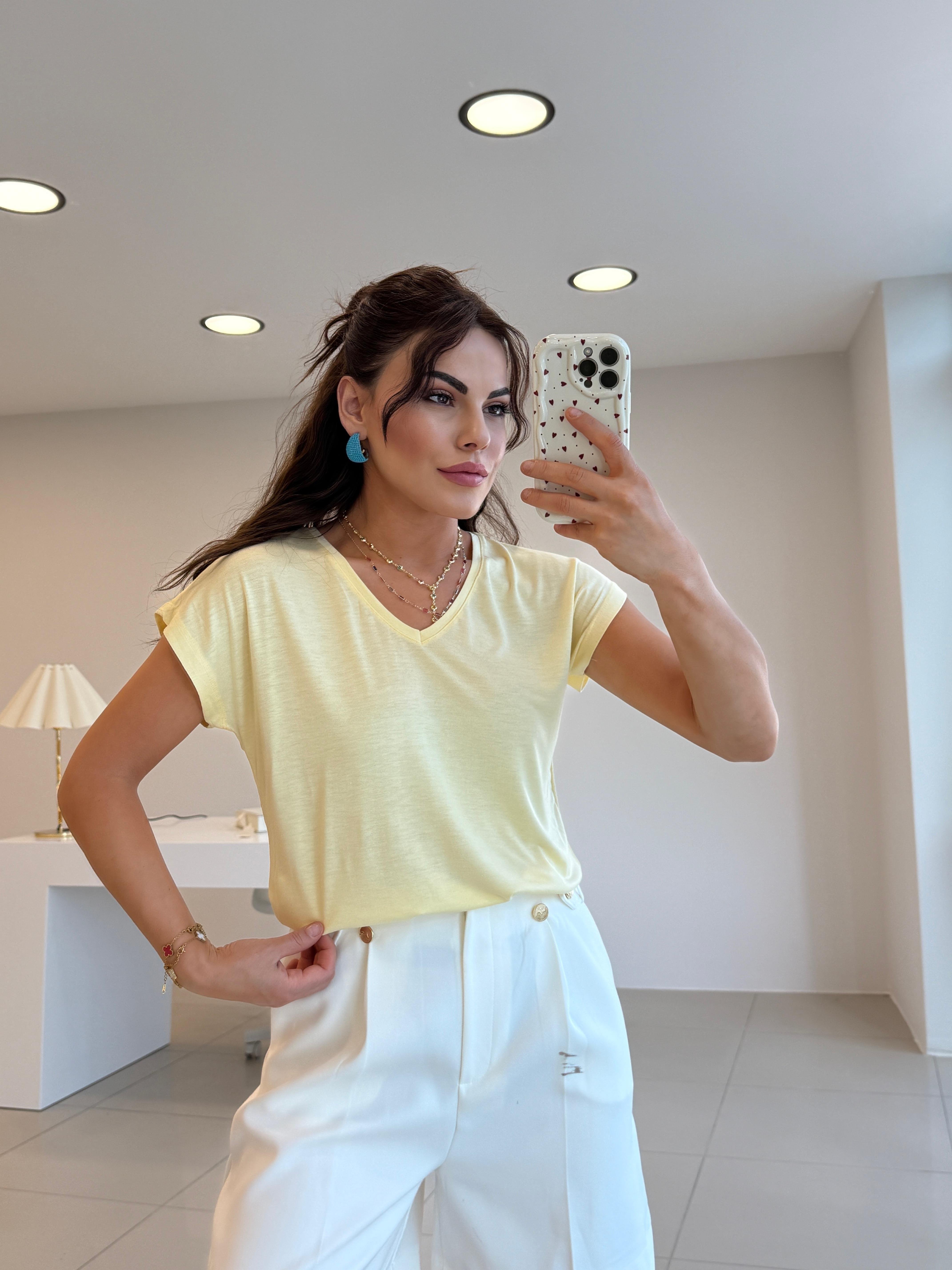 V YAKA %100 PAMUK BASİC TSHIRT SARI