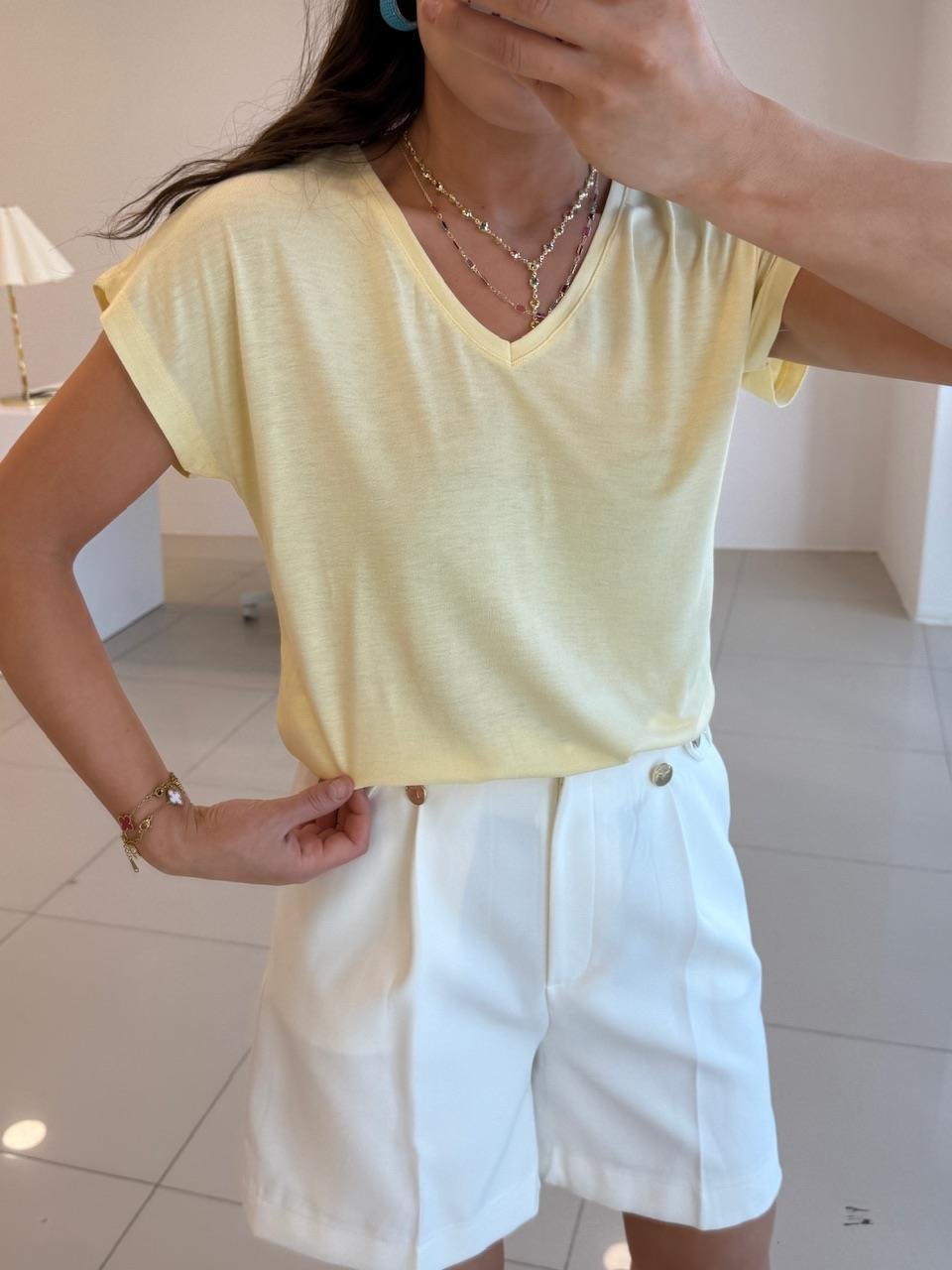 V YAKA %100 PAMUK BASİC TSHIRT SARI