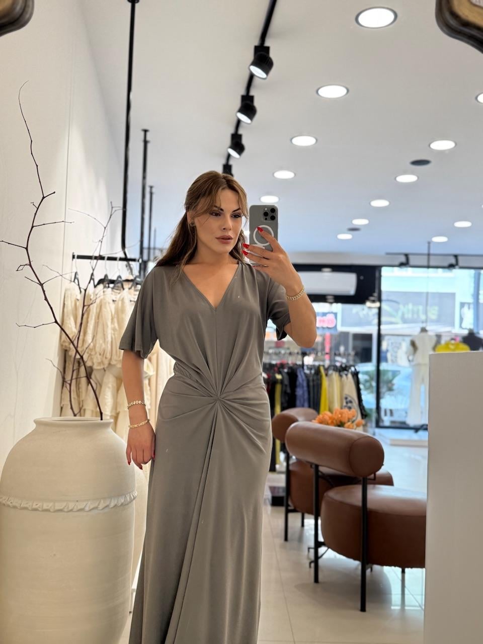 V YAKA DÜĞÜM DETAYLI MODAL ELBİSE HAKİ YEŞİL