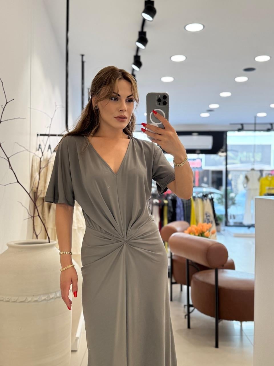 V YAKA DÜĞÜM DETAYLI MODAL ELBİSE HAKİ YEŞİL