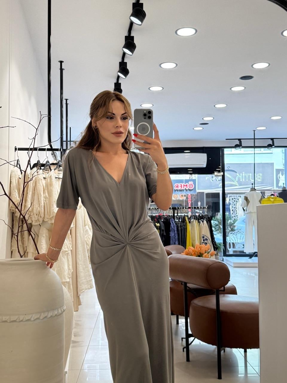 V YAKA DÜĞÜM DETAYLI MODAL ELBİSE HAKİ YEŞİL