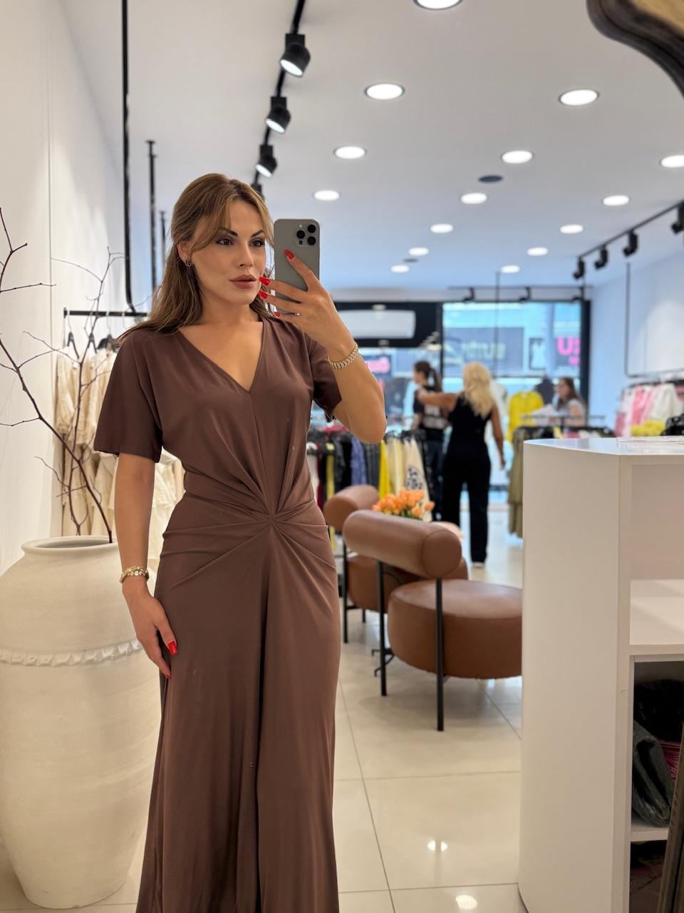 V YAKA DÜĞÜM DETAYLI MODAL ELBİSE KAHVE