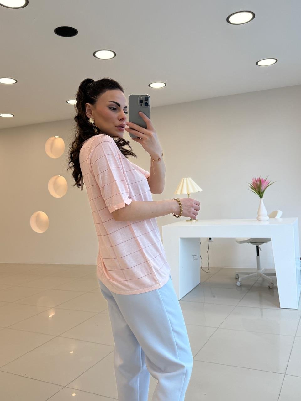V YAKA PAMUK MERSERİZE BLUZ PEMBE