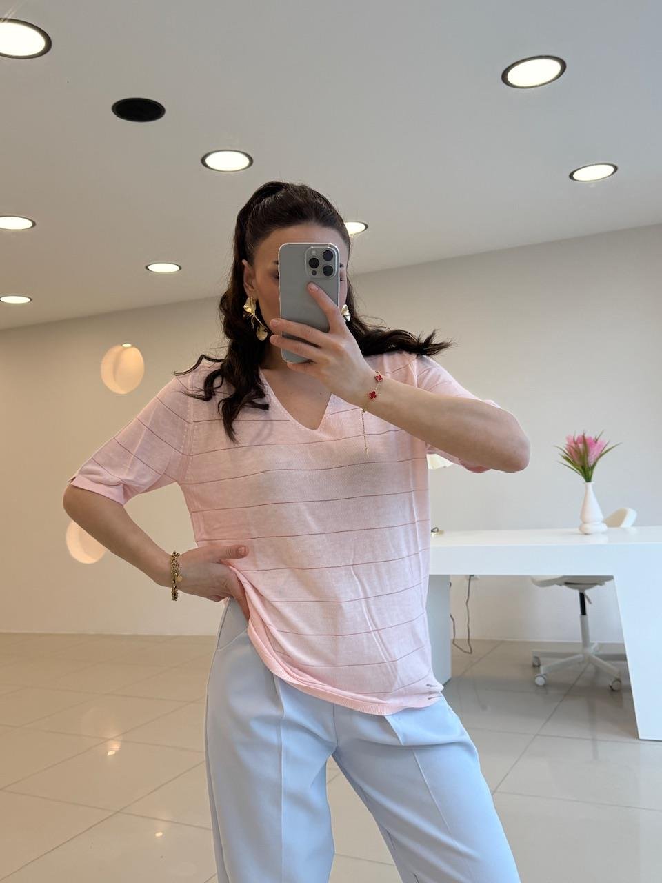 V YAKA PAMUK MERSERİZE BLUZ PEMBE