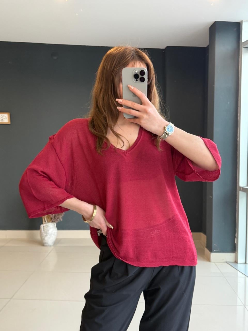 V YAKA TÜL MERSERİZE BORDO 