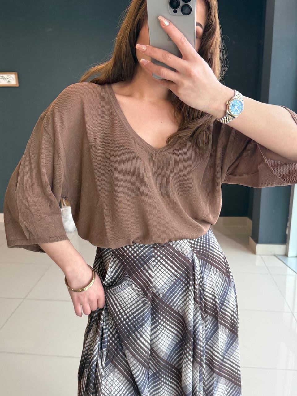 V YAKA TÜL MERSERİZE KAHVE