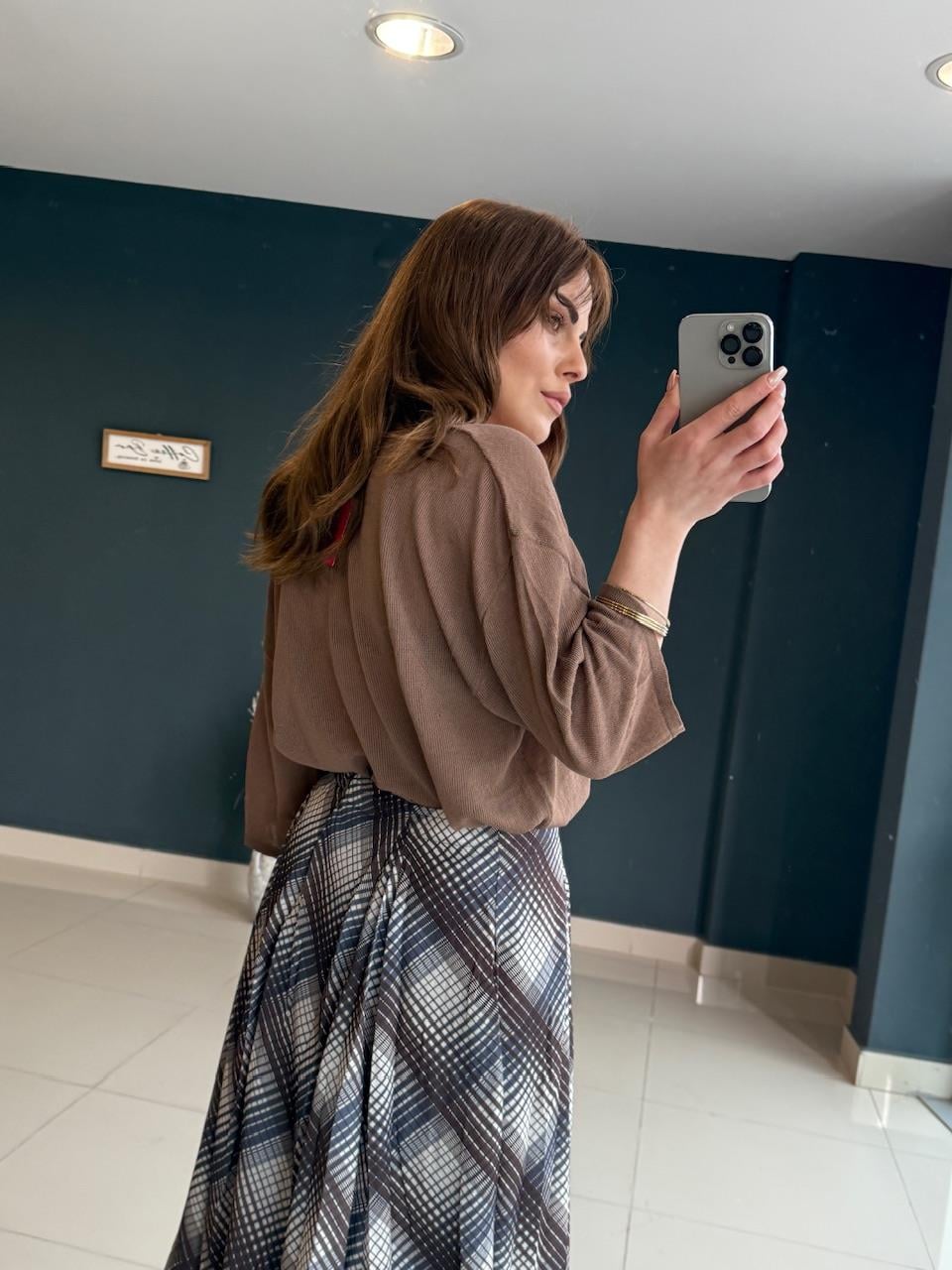 V YAKA TÜL MERSERİZE KAHVE