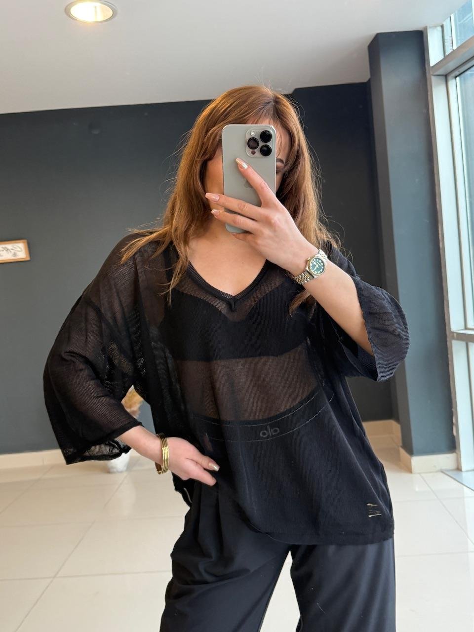 V YAKA TÜL MERSERİZE SİYAH