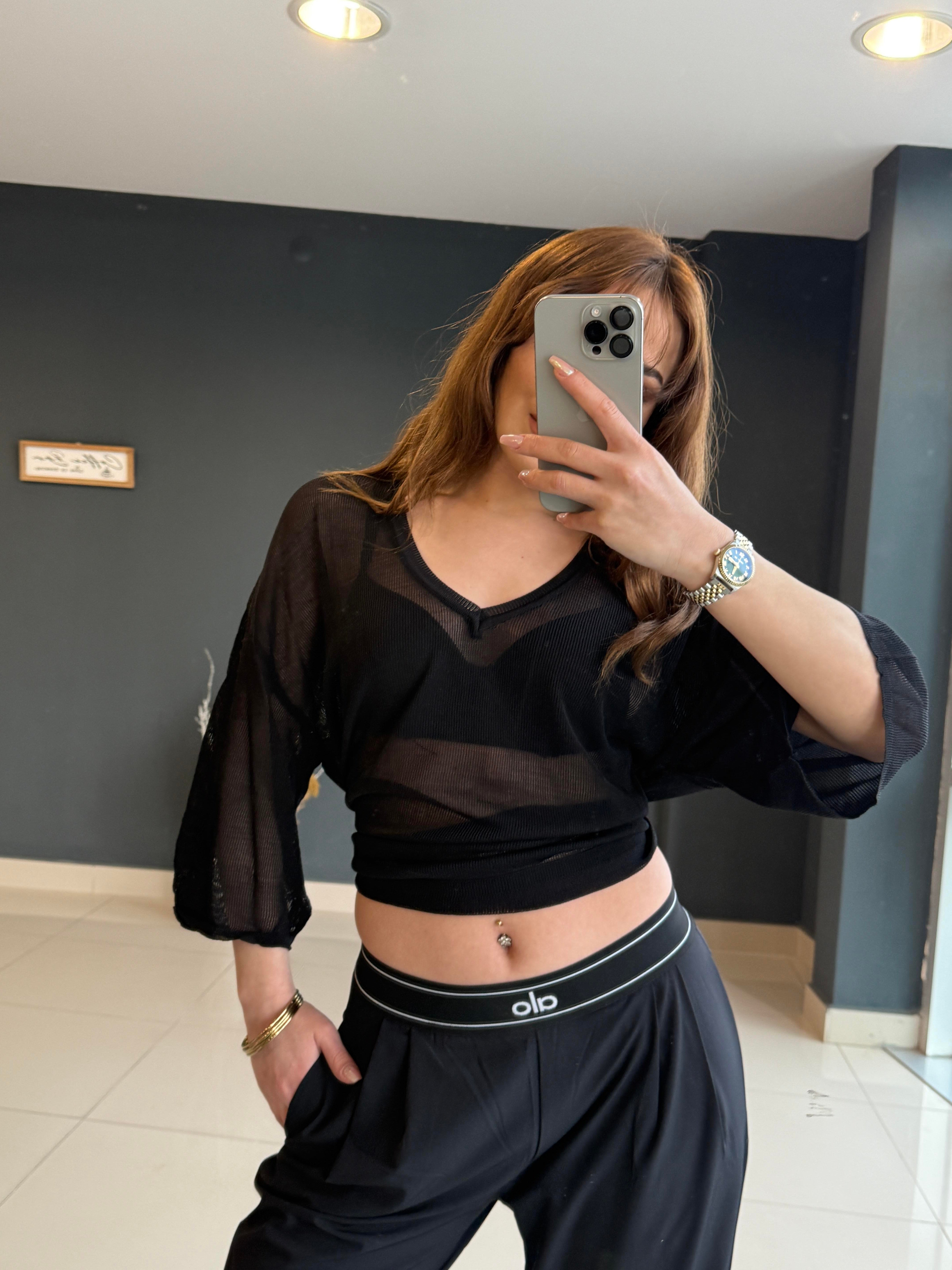 V YAKA TÜL MERSERİZE SİYAH