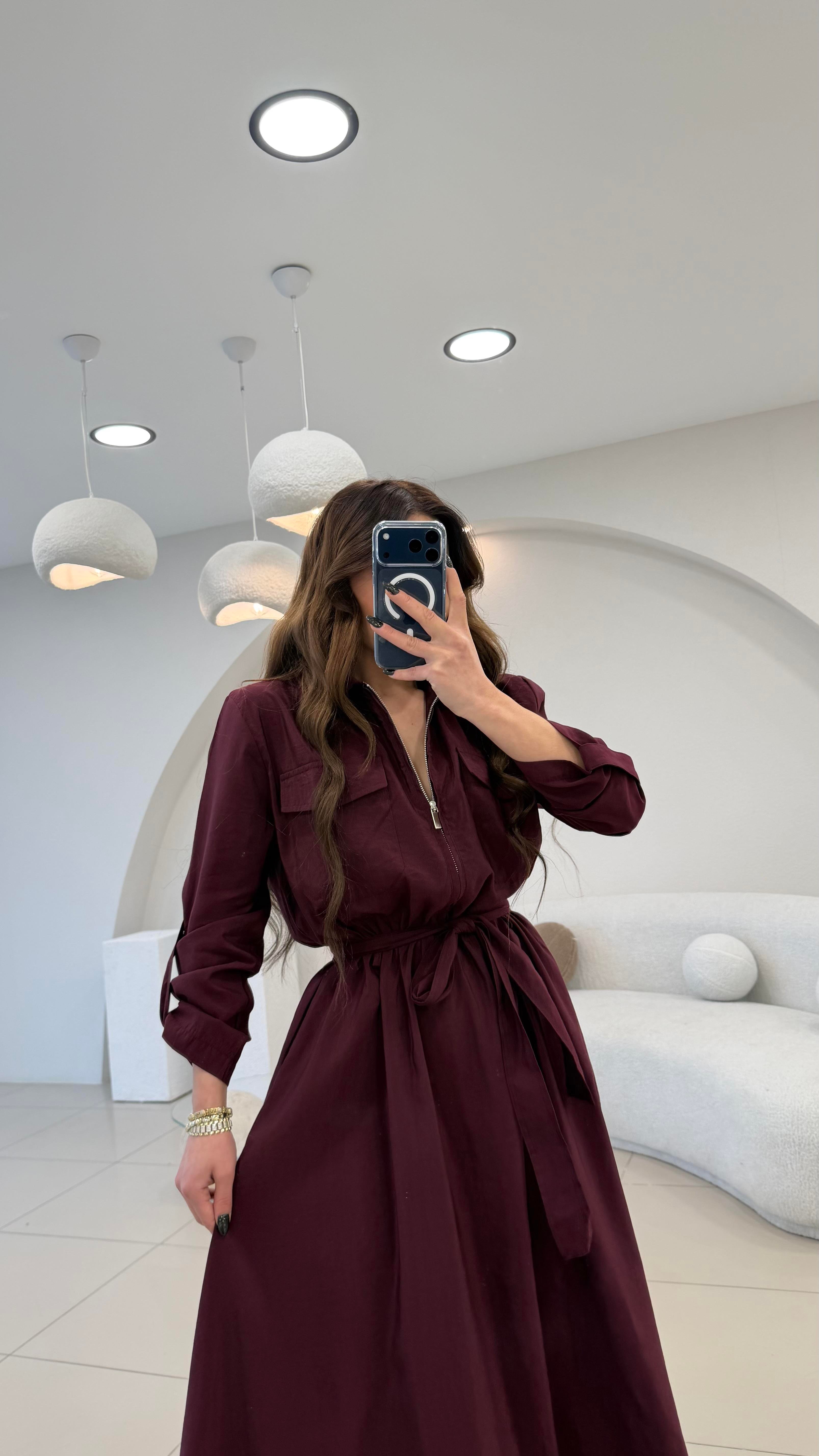 YAKA FERMUARLI BEL LASTİKLİ MAX ELBİSE BORDO