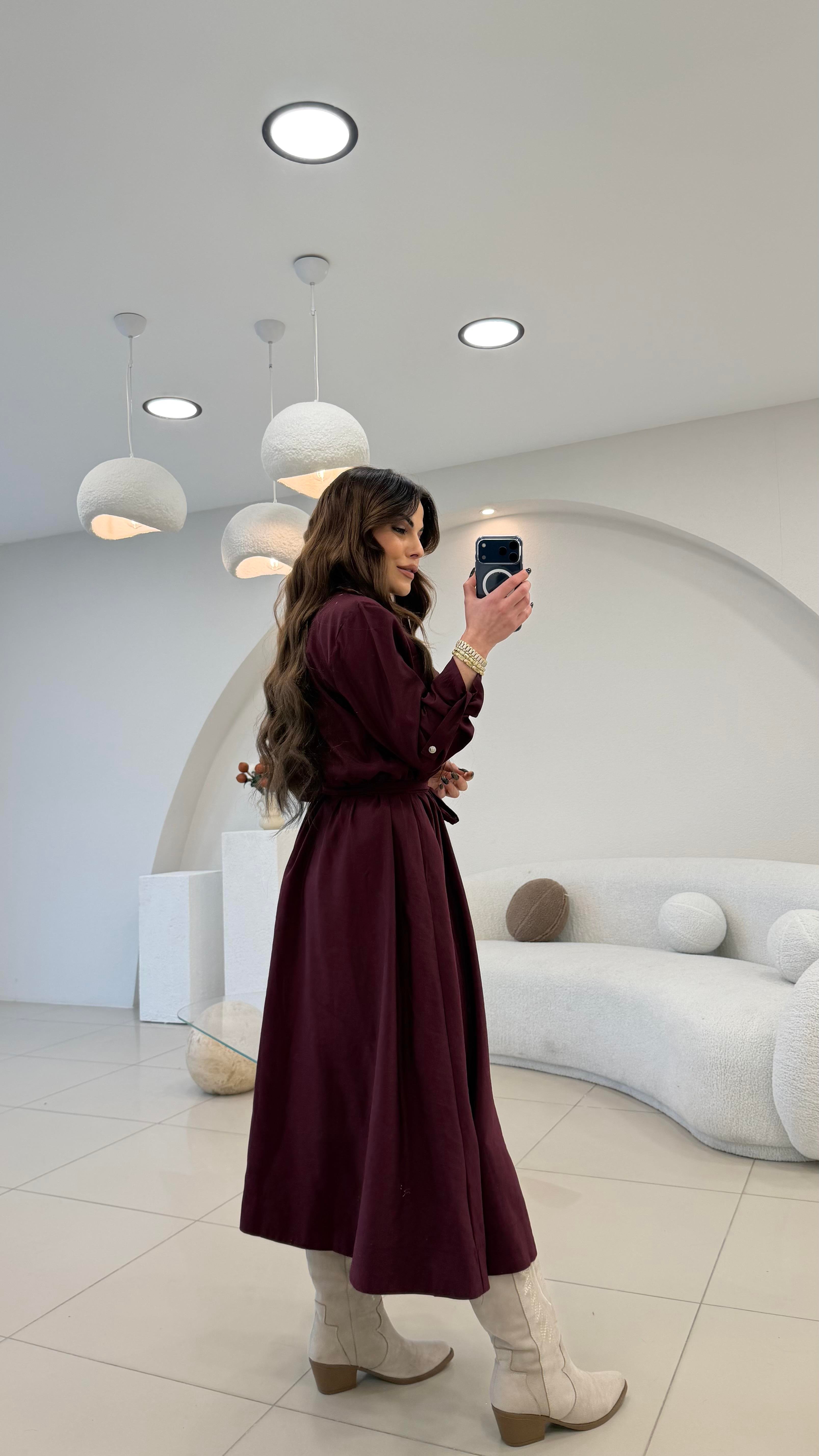 YAKA FERMUARLI BEL LASTİKLİ MAX ELBİSE BORDO