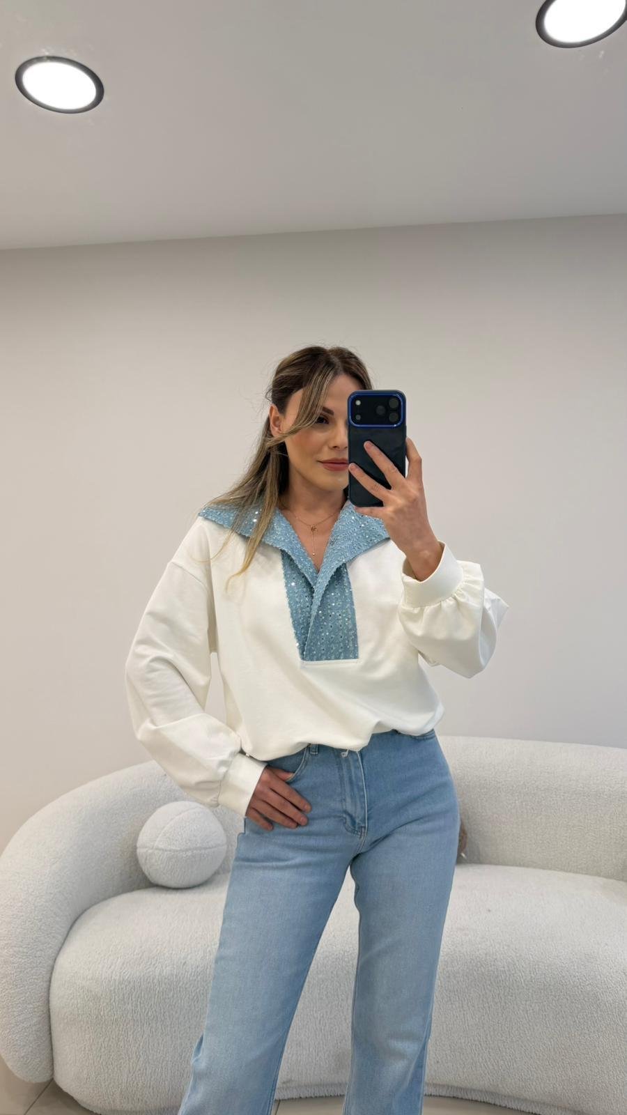 YAKA PAYETLİ KOT GARNİLİ SWEAT