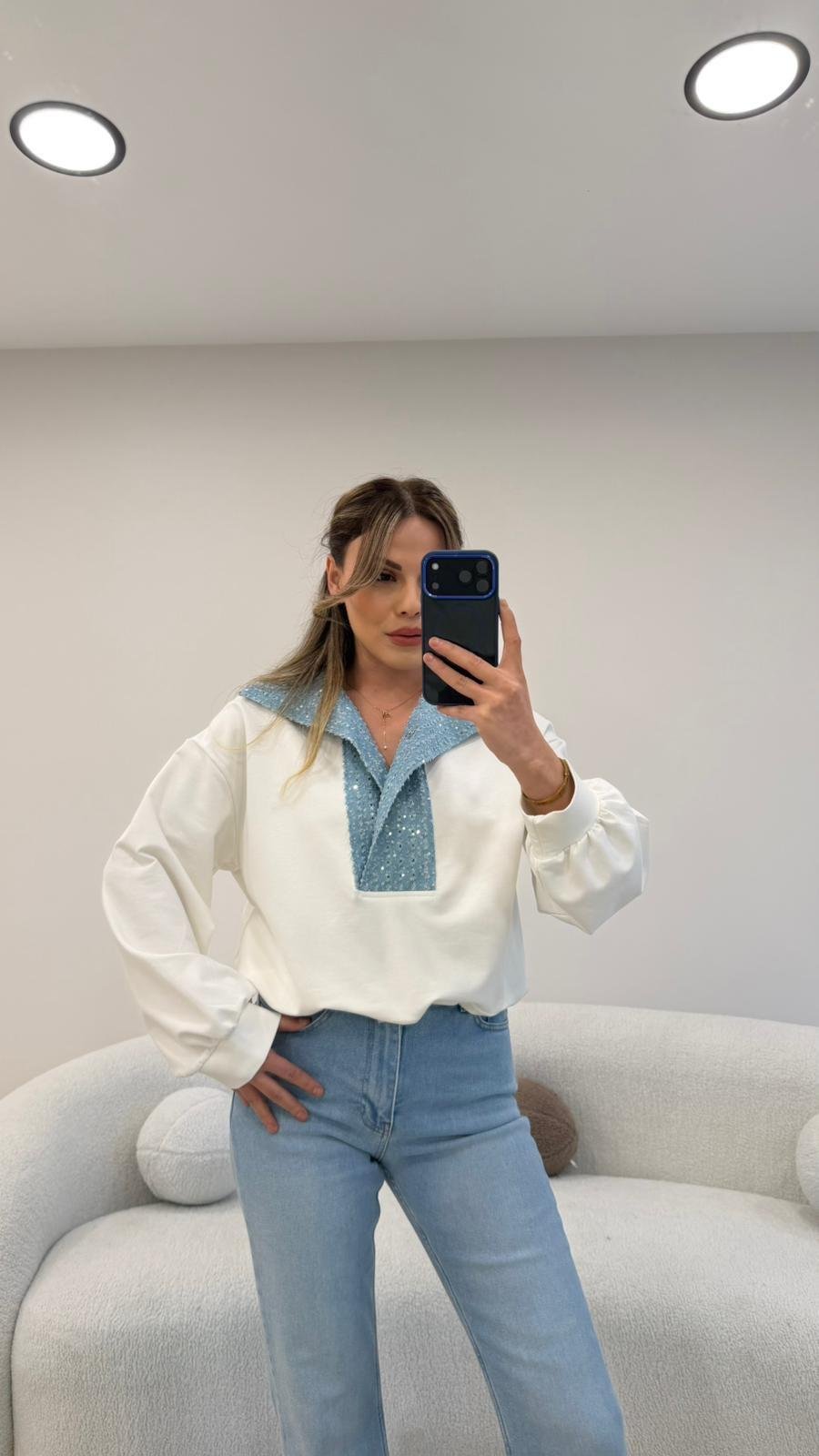 YAKA PAYETLİ KOT GARNİLİ SWEAT