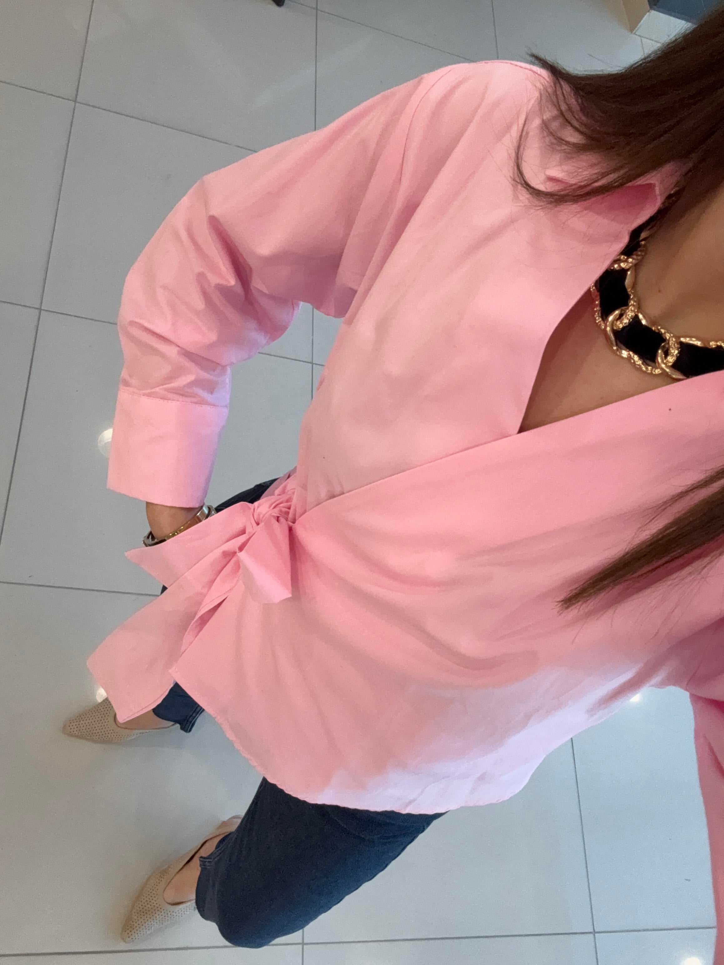 YANDAN BAĞLAMALI TASARIM GÖMLEK PEMBE