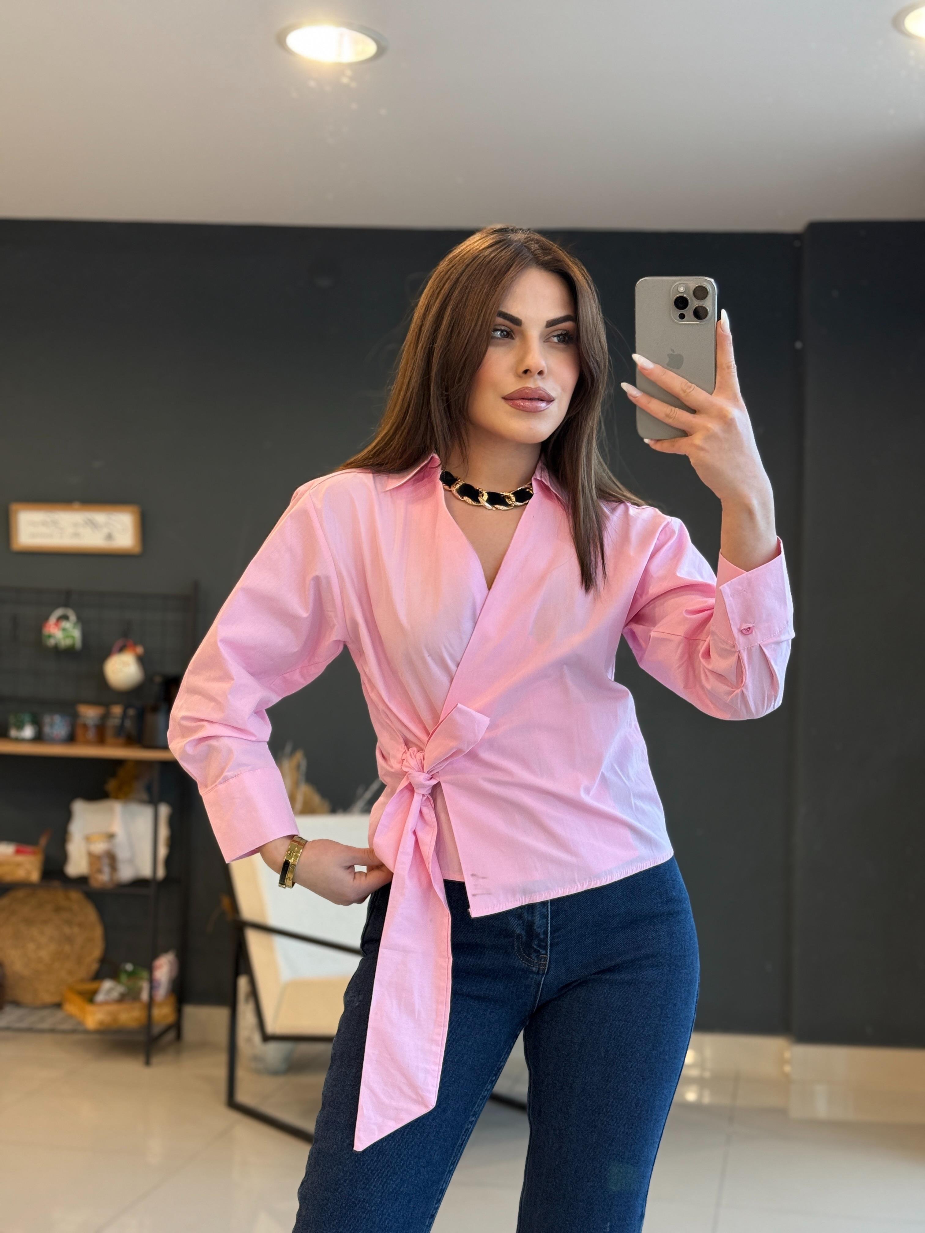 YANDAN BAĞLAMALI TASARIM GÖMLEK PEMBE