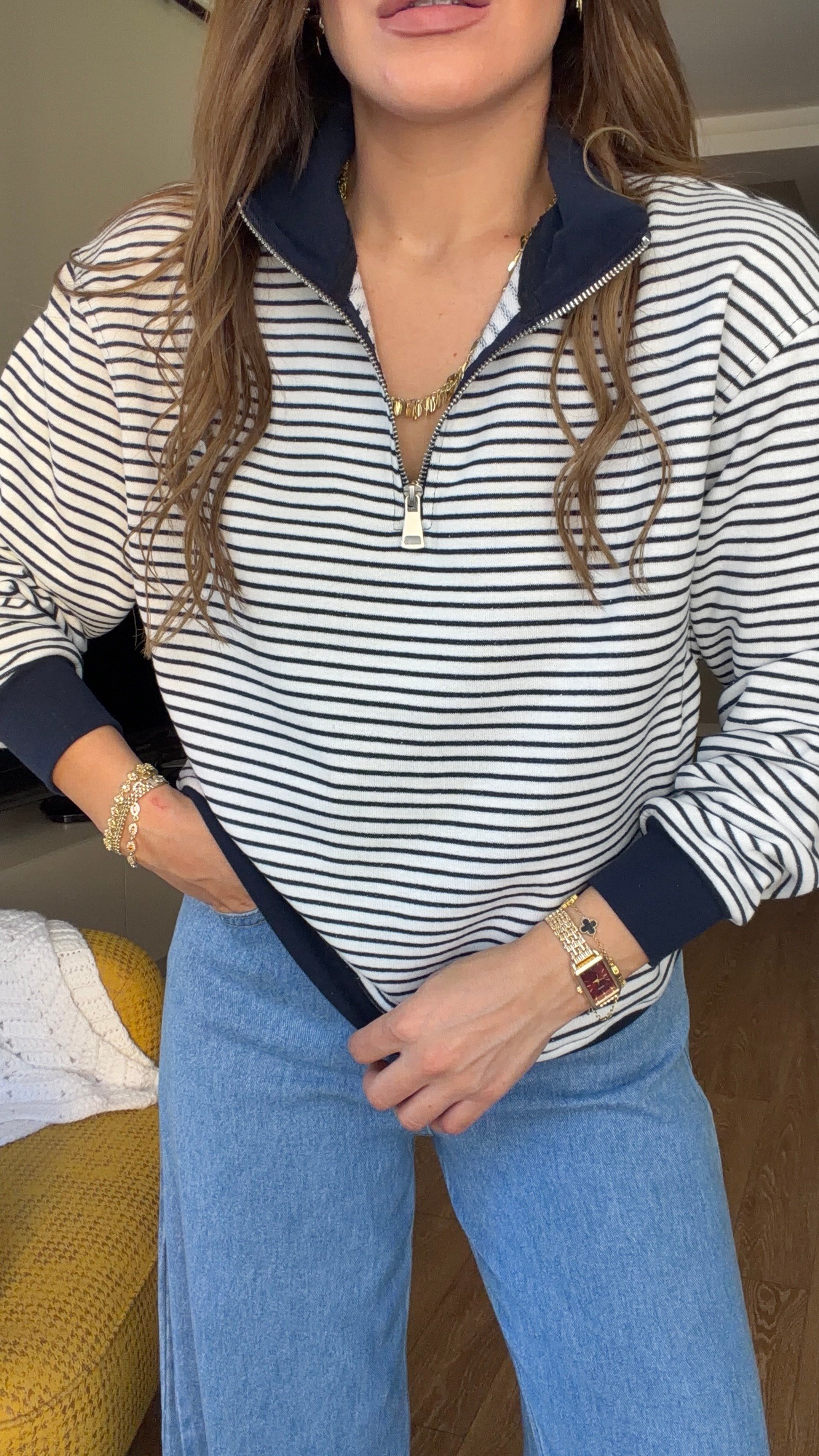 Yarım Fermuarlı Çizgili Sweatshırt Lacivert