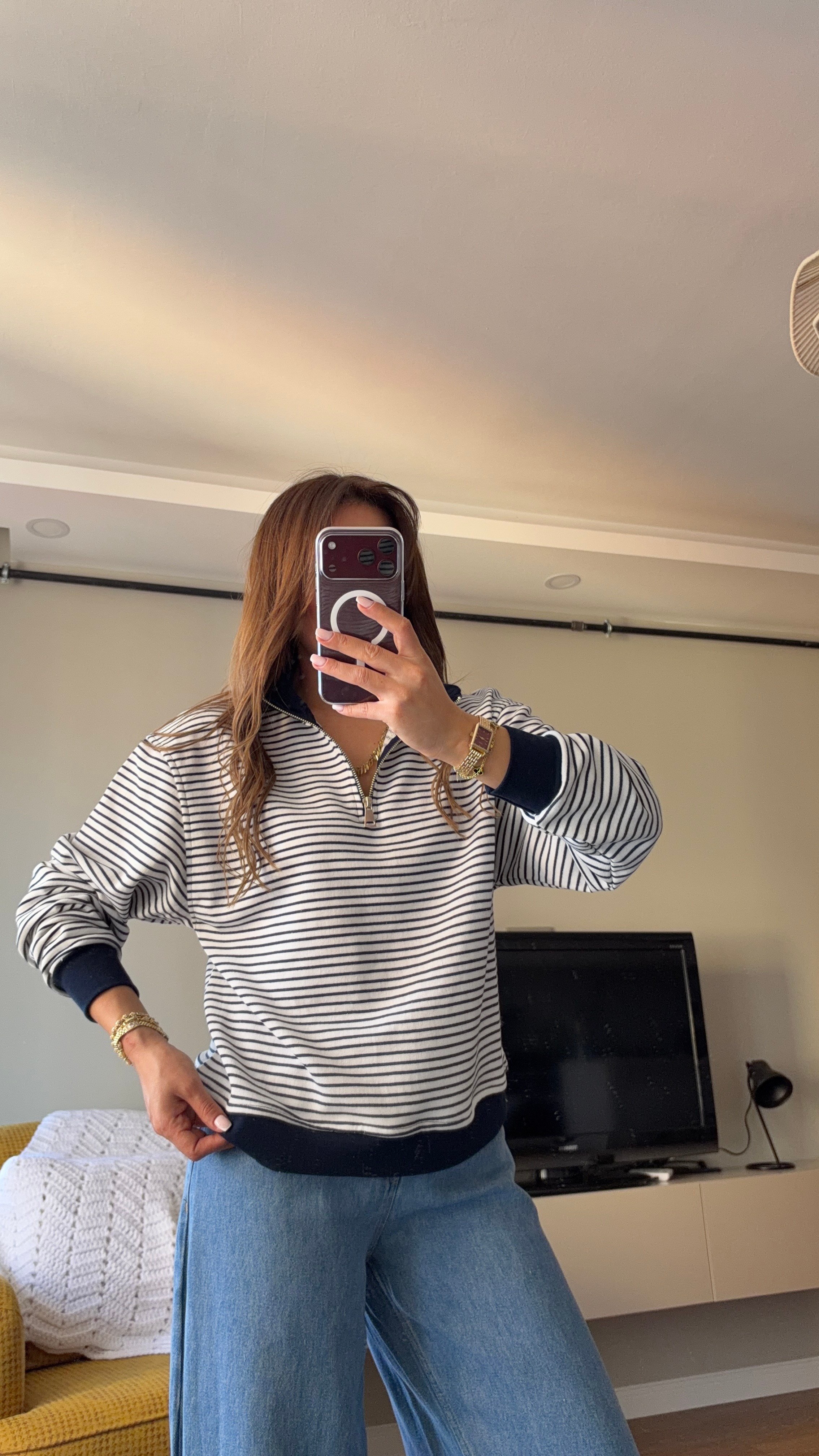 Yarım Fermuarlı Çizgili Sweatshırt Lacivert