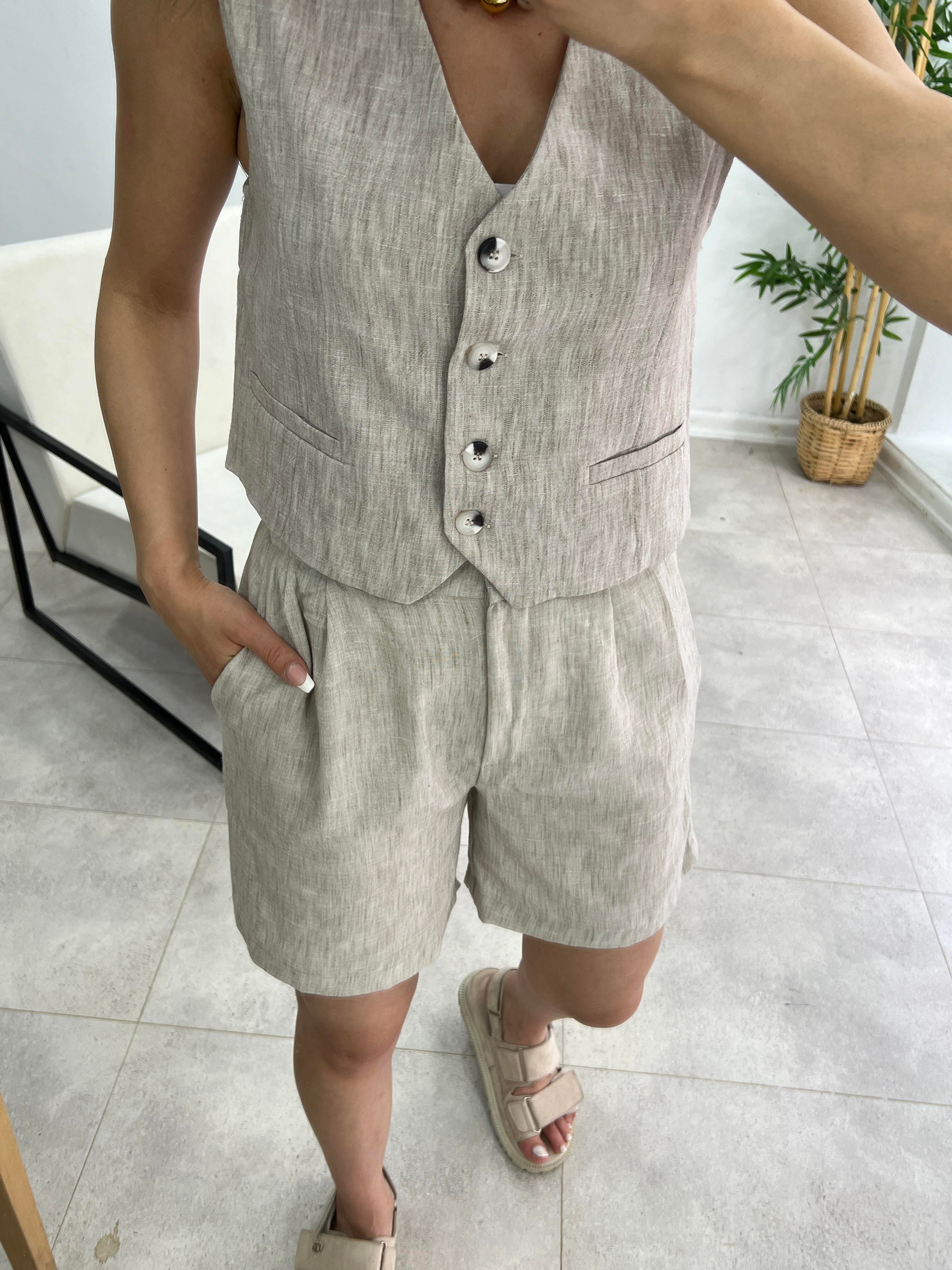 YELEKLİ KETEN ŞORTLU TAKIM