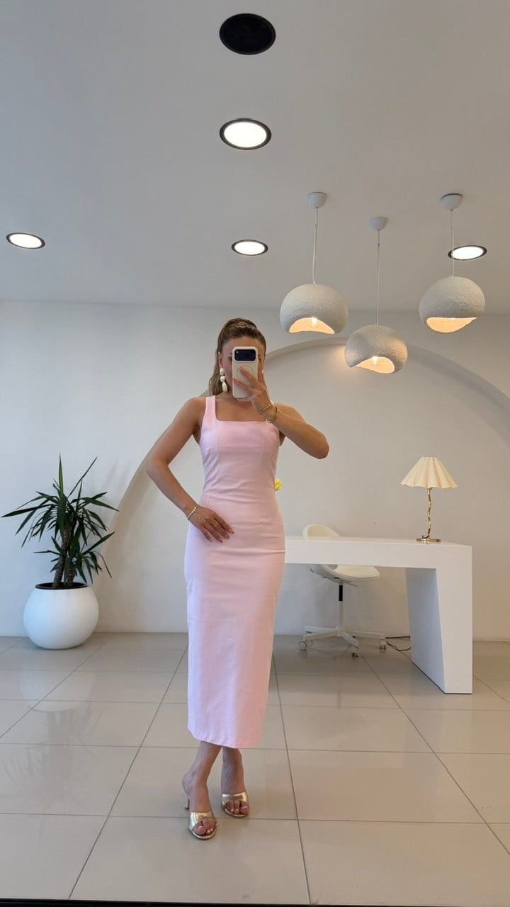 Yırtmaçlı Kalem Elbise Pembe