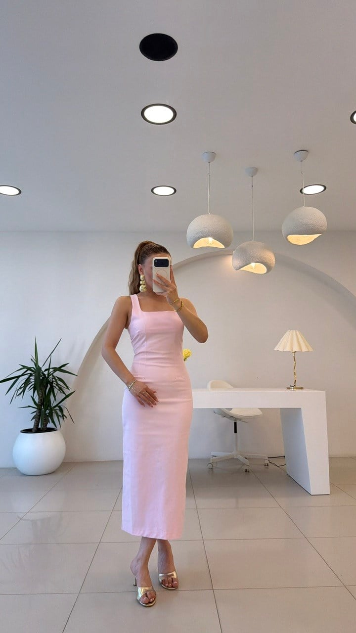 Yırtmaçlı Kalem Elbise Pembe