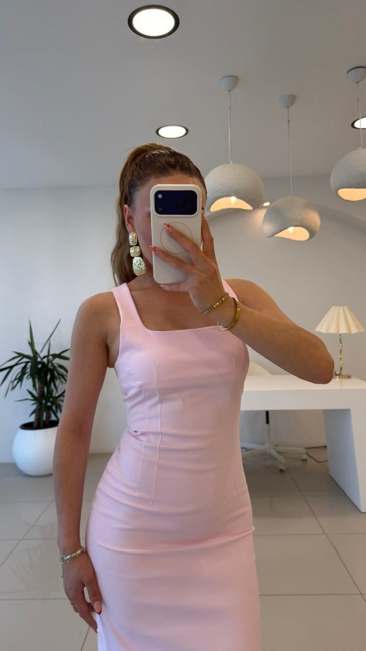 Yırtmaçlı Kalem Elbise Pembe