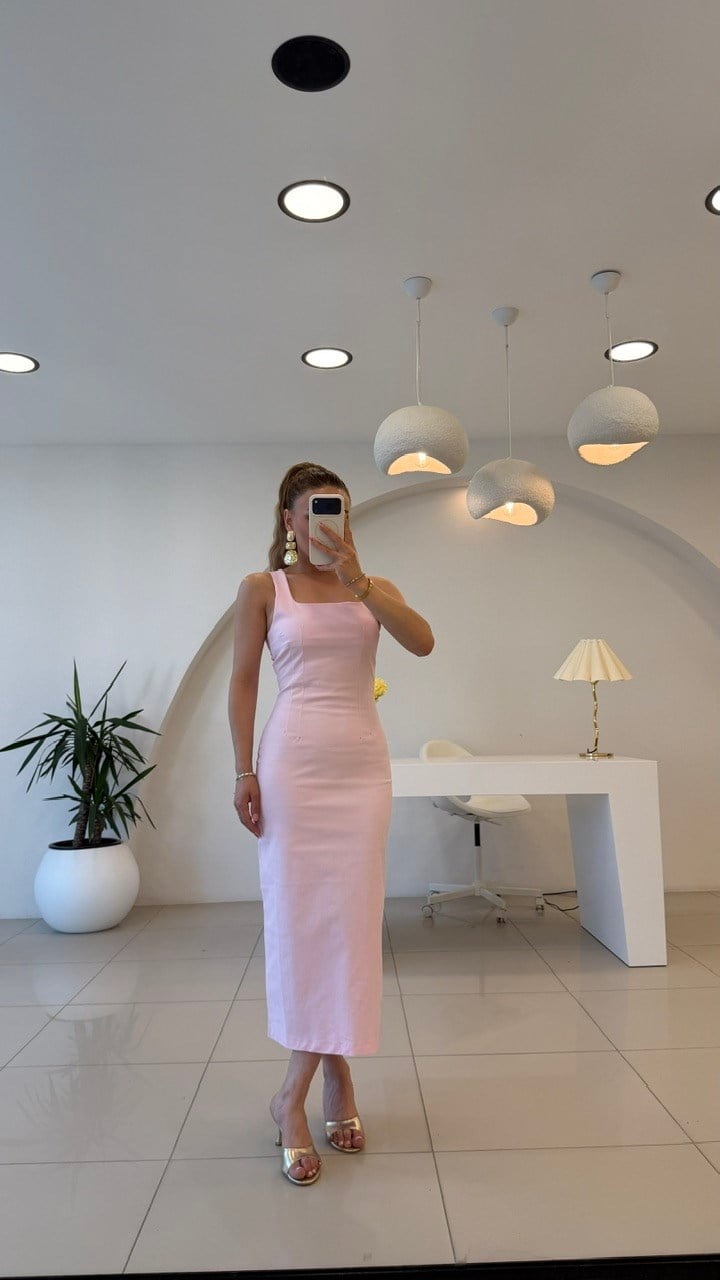 Yırtmaçlı Kalem Elbise Pembe