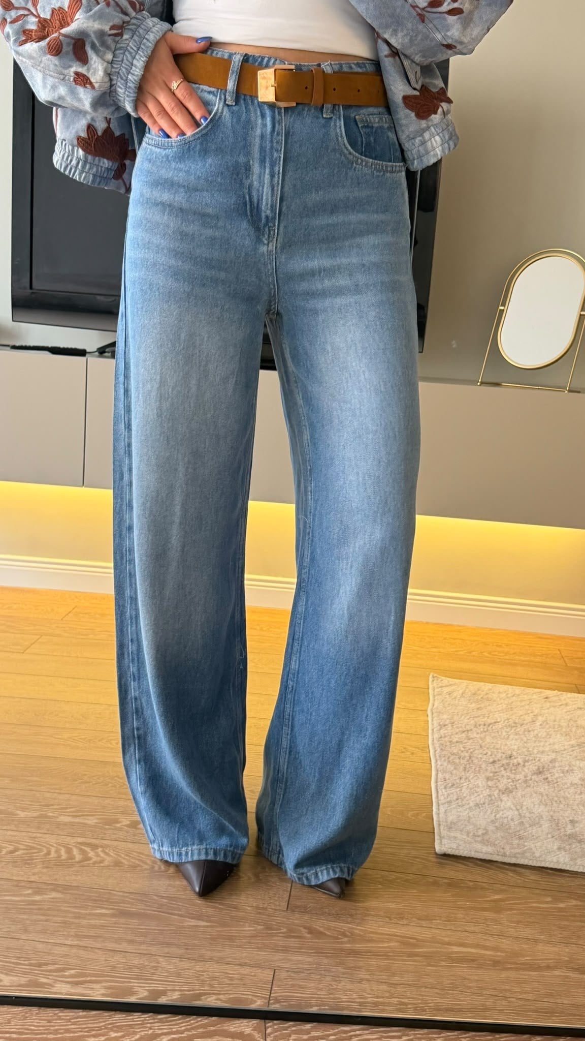 Yüksel Bel Wide-Leg Kemerli Palazzo Denim Pantolon