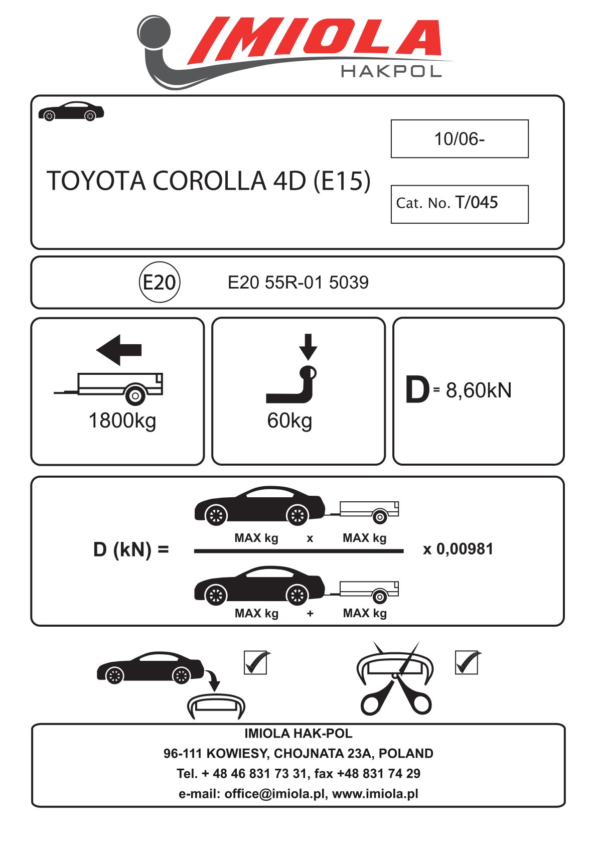 Hak-Pol Toyota Corolla 2007-2010  Çeki Demiri  Sedan  (E15 Kasa)