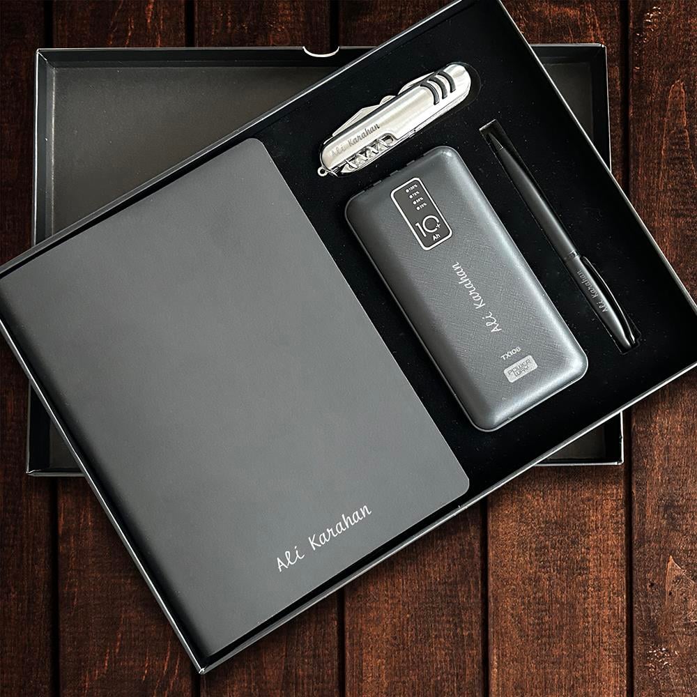 Kişiye Özel Lüks Hediye Seti - Powerbank Defter Kalem İsviçre Çakısı 