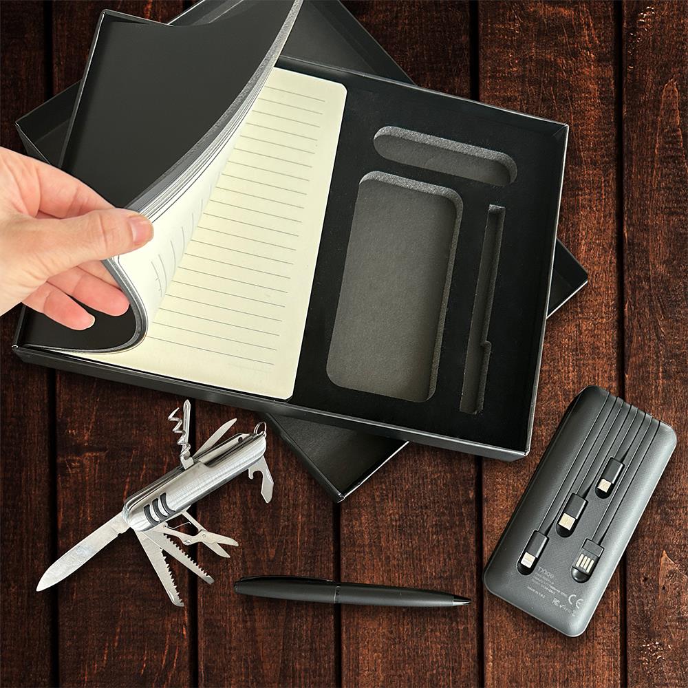 Kişiye Özel Lüks Hediye Seti - Powerbank Defter Kalem İsviçre Çakısı 