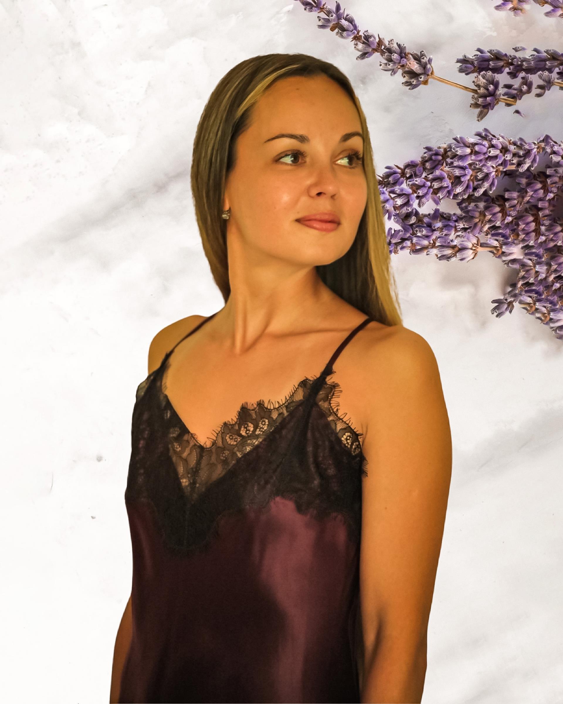  Dantelli İpek Slip Elbise (Şarap Rengi)