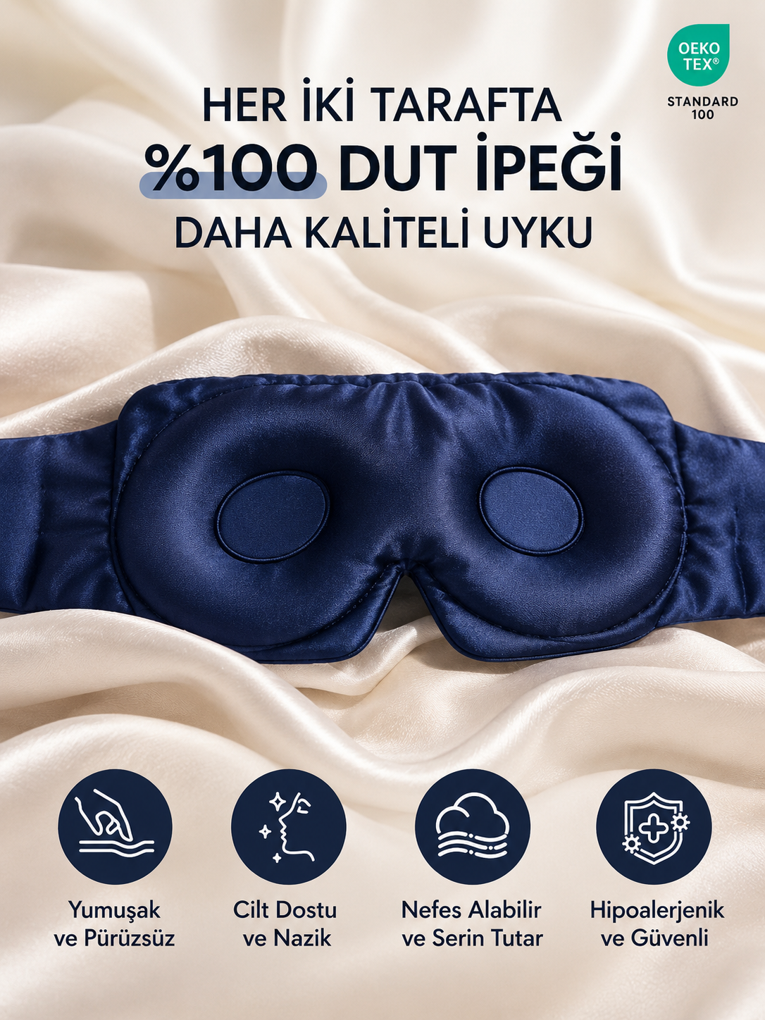  'Sleep & Glow' Premium Üç Boyutlu Tam Karanlık Uyku Maskesi Göz Bandı (Lacivert) - Ayarlanabilir Tasarım 