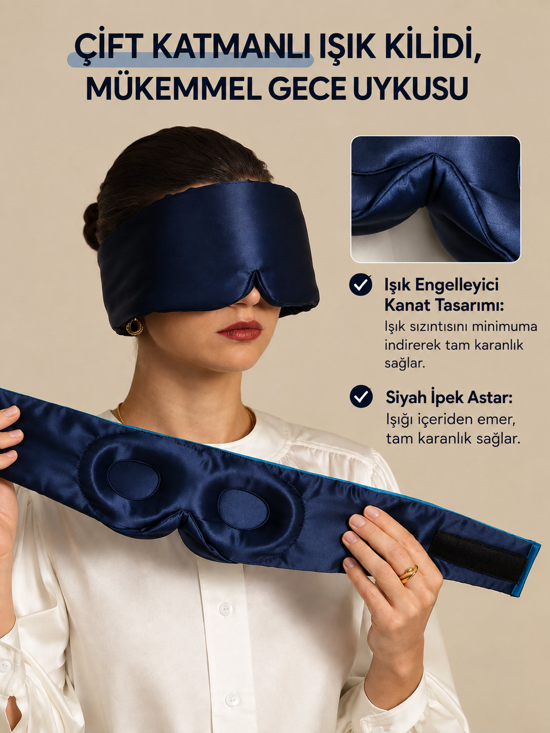  'Sleep & Glow' Premium Üç Boyutlu Tam Karanlık Uyku Maskesi Göz Bandı (Lacivert) - Ayarlanabilir Tasarım 