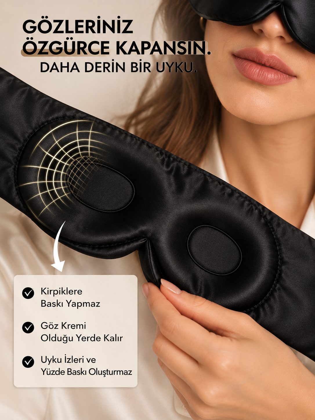  'Sleep & Glow' Premium Üç Boyutlu Tam Karanlık Uyku Maskesi Göz Bandı (Siyah) - Ayarlanabilir Tasarım 