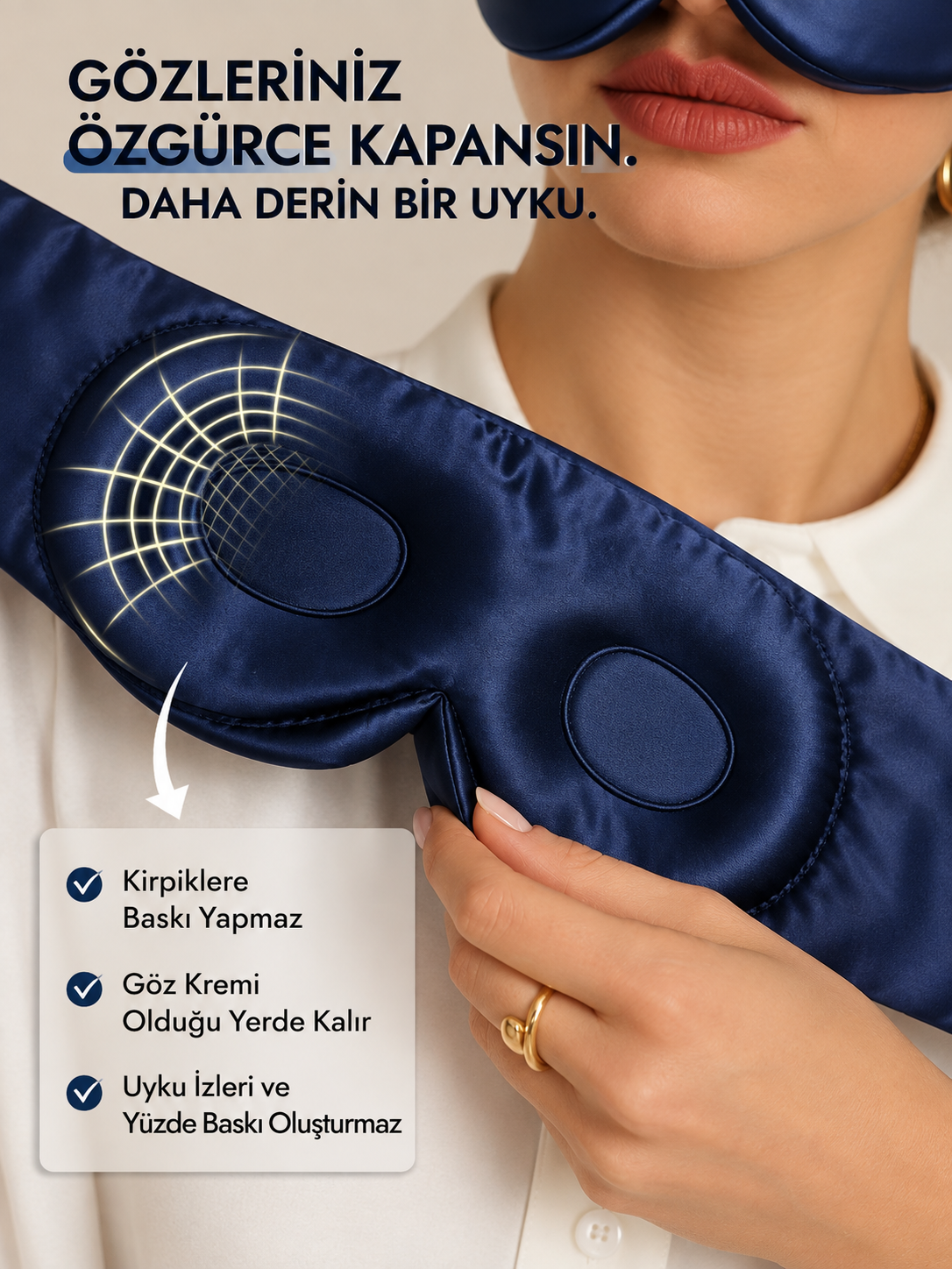  'Sleep & Glow' Premium Üç Boyutlu Tam Karanlık Uyku Maskesi Göz Bandı (Lacivert) - Ayarlanabilir Tasarım 