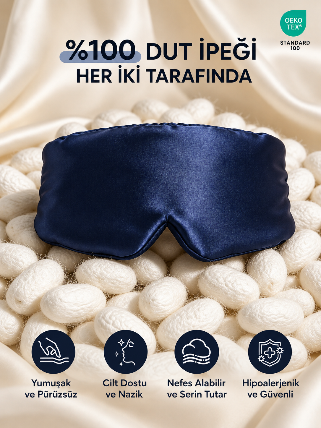  'Sleep & Glow' Premium Üç Boyutlu Tam Karanlık Uyku Maskesi Göz Bandı (Lacivert) - Ayarlanabilir Tasarım 