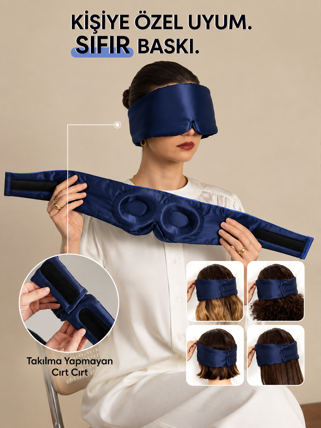  'Sleep & Glow' Premium Üç Boyutlu Tam Karanlık Uyku Maskesi Göz Bandı (Lacivert) - Ayarlanabilir Tasarım 