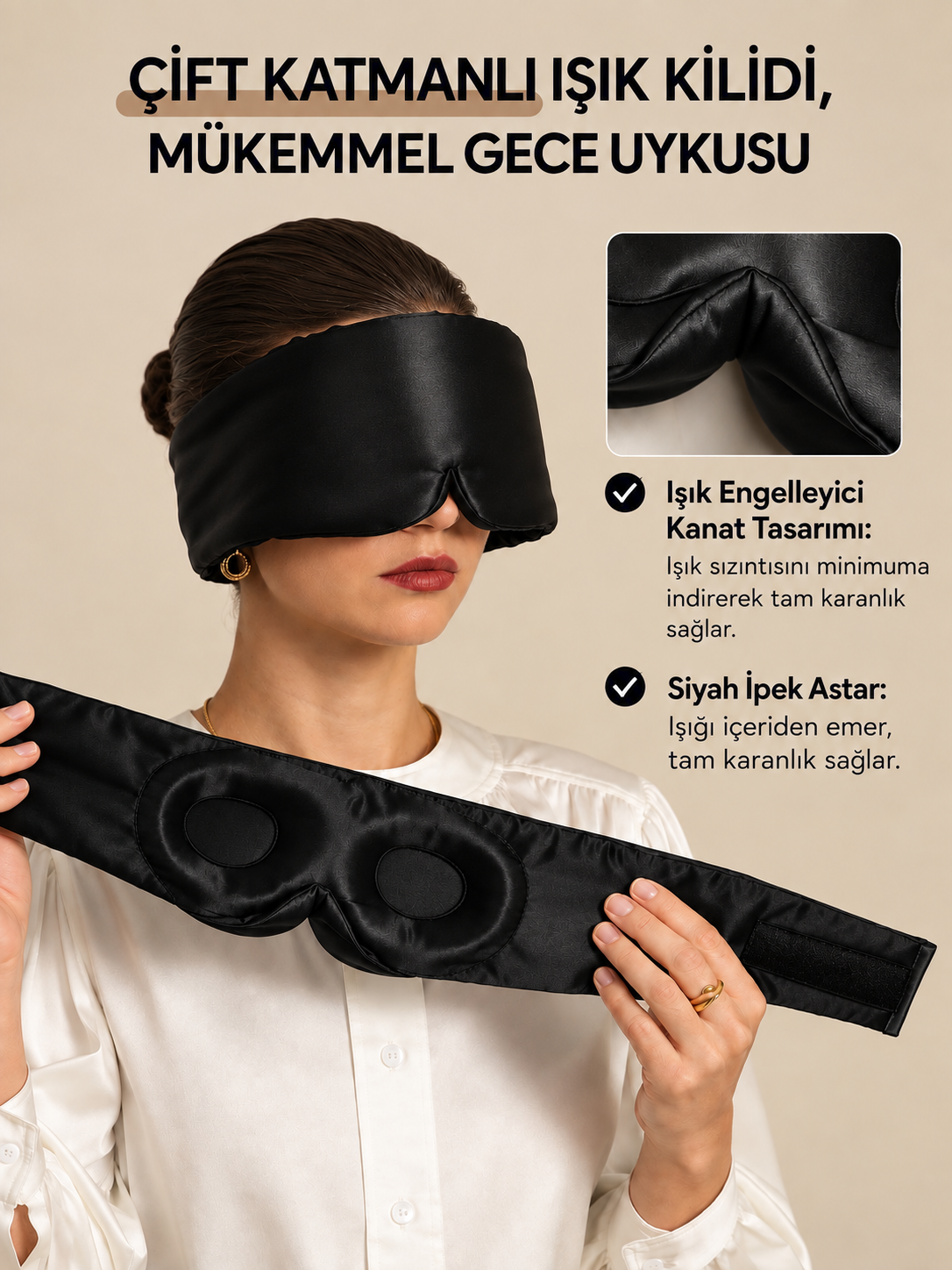  'Sleep & Glow' Premium Üç Boyutlu Tam Karanlık Uyku Maskesi Göz Bandı (Siyah) - Ayarlanabilir Tasarım 